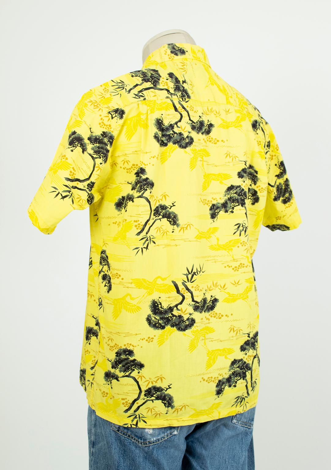New Men's Pacific Sportswear Yellow Hawaiian Watercolor Crane Shirt – M-L, 1950s 1
