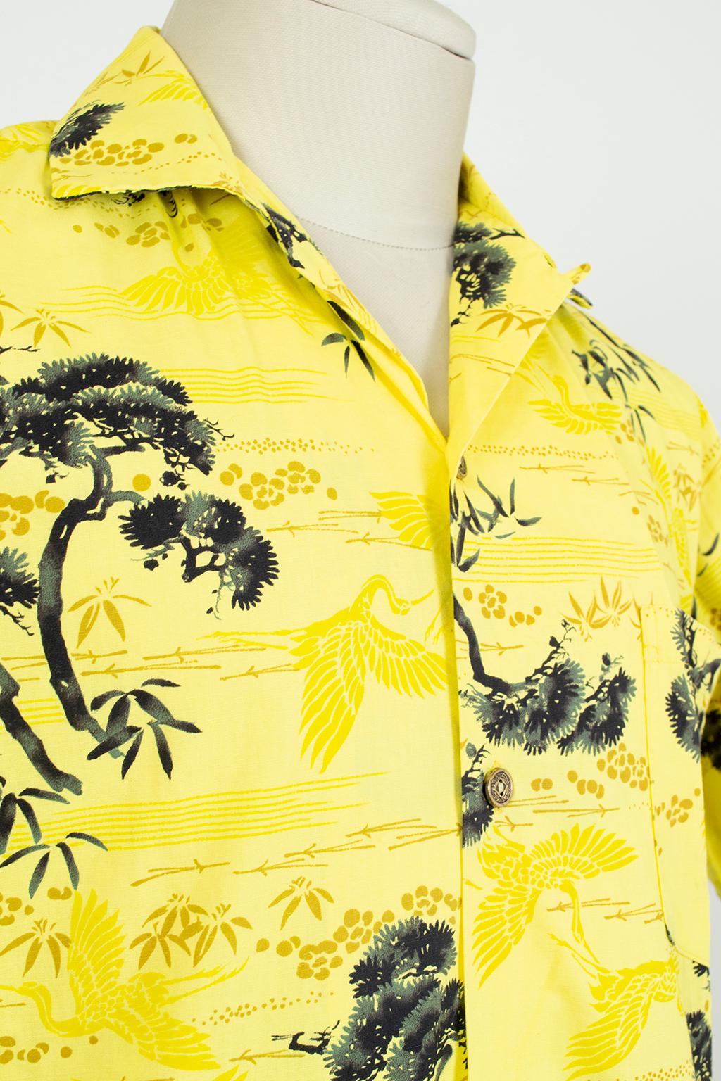New Men's Pacific Sportswear Yellow Hawaiian Watercolor Crane Shirt – M-L, 1950s 2