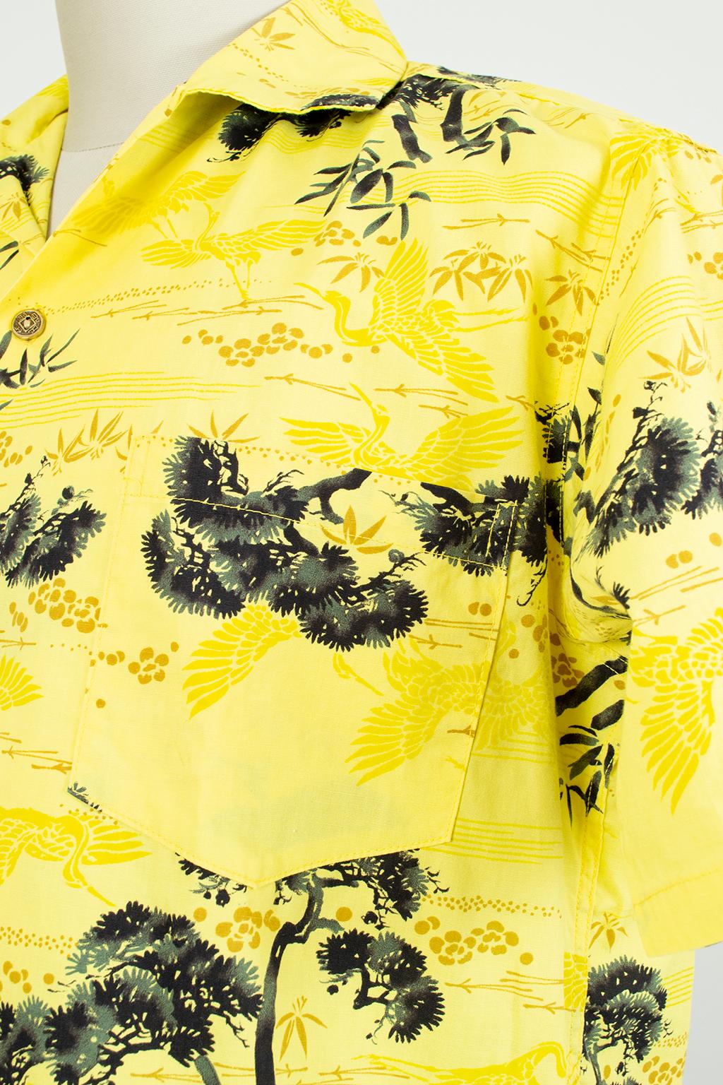 New Men's Pacific Sportswear Yellow Hawaiian Watercolor Crane Shirt – M-L, 1950s 4