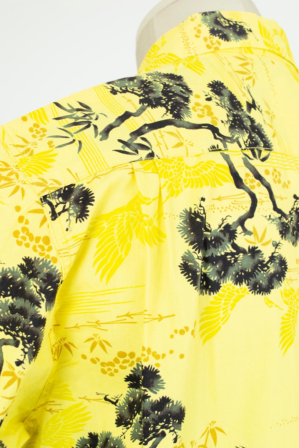 New Men's Pacific Sportswear Yellow Hawaiian Watercolor Crane Shirt – M-L, 1950s 5