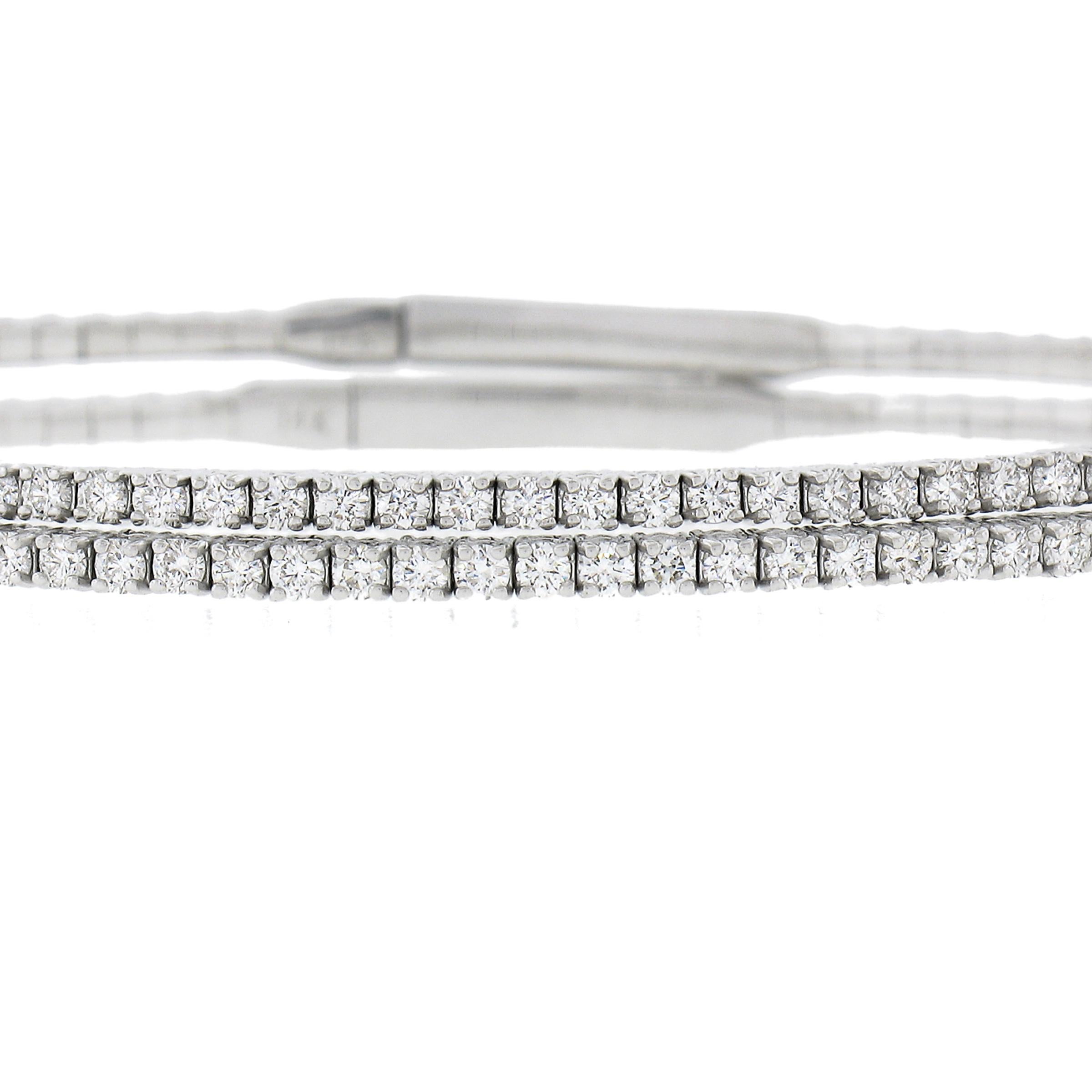 Women's or Men's New Pair 14k White Gold 1.58ctw Fiery Diamond Flexible Stack Bangle Bracelet Set For Sale