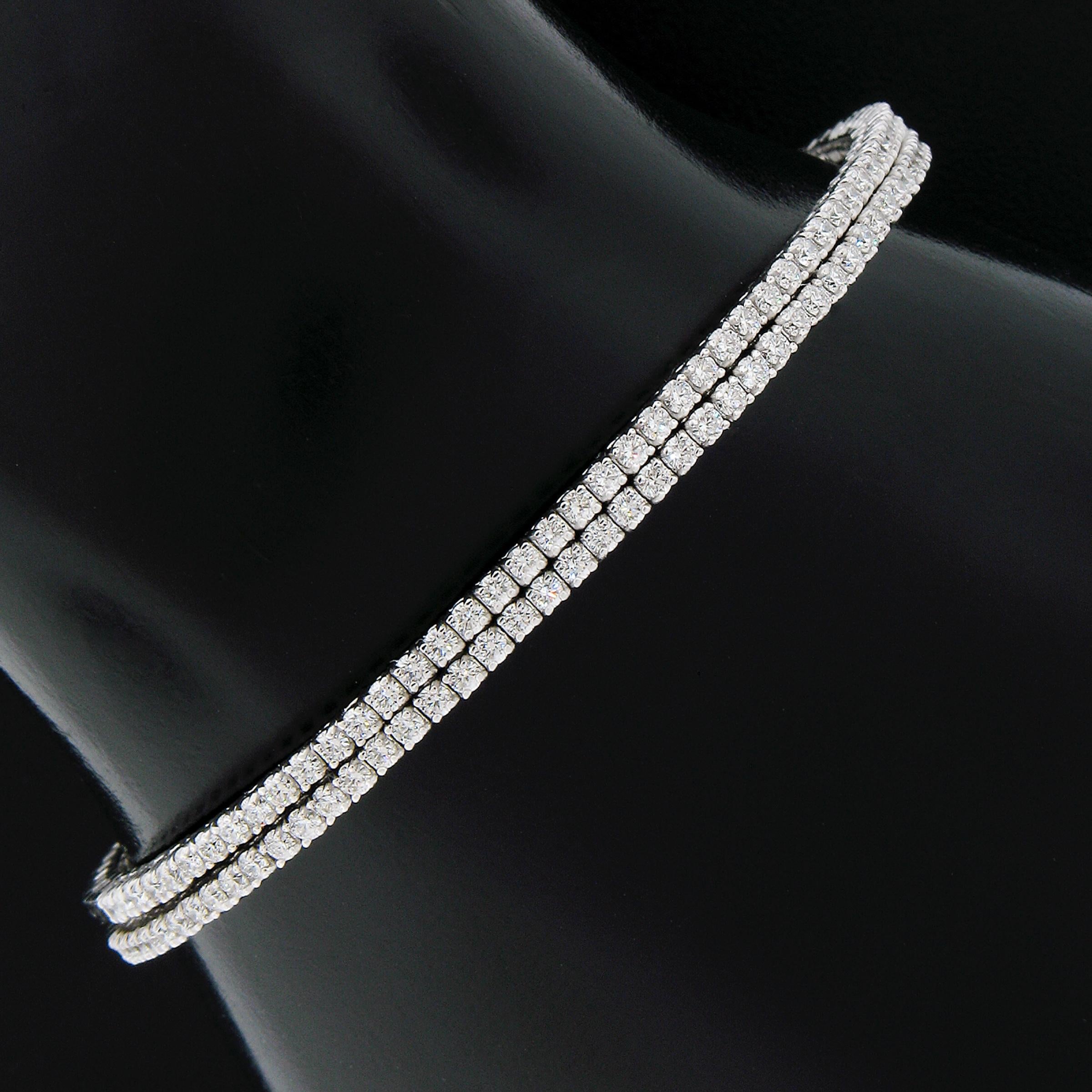 New Pair 14k White Gold 1.58ctw Fiery Diamond Flexible Stack Bangle Bracelet Set For Sale 2