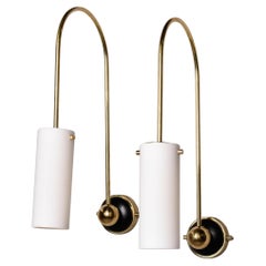 New Pair Italian Sconces with Slender Arched Brass Frames and White Glass Shades