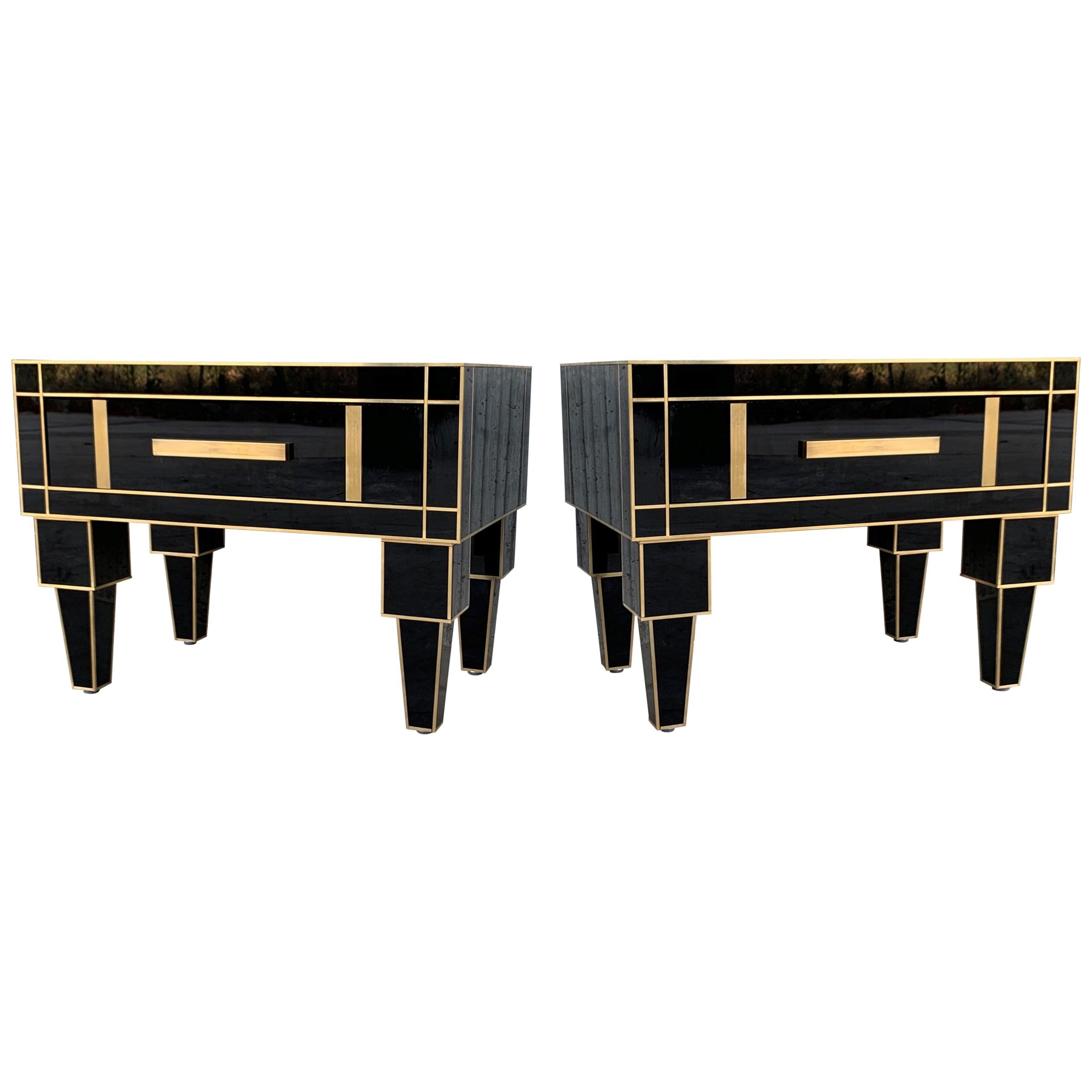 New Pair of Mirrored Low Nightstand in Black Mirror and Chrome with Drawer