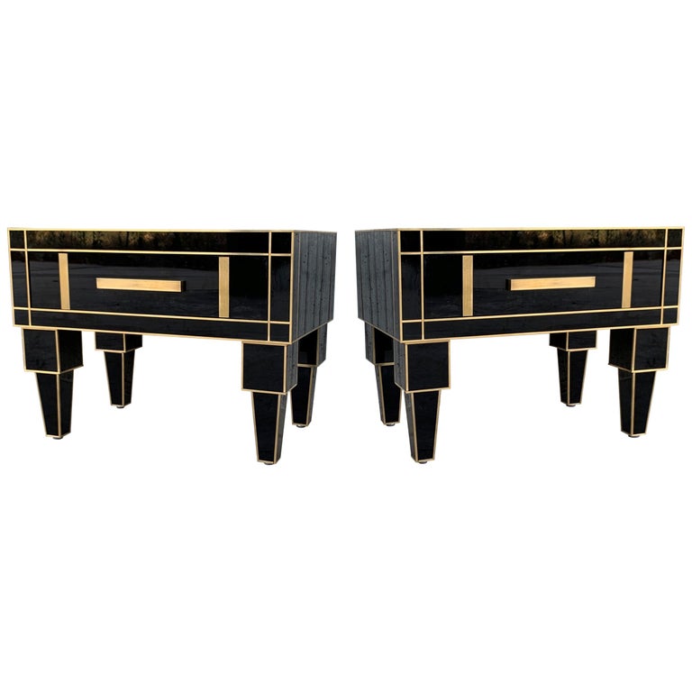 New Pair of Mirrored Low Nightstand in Black Mirror and Chrome with Drawer For Sale