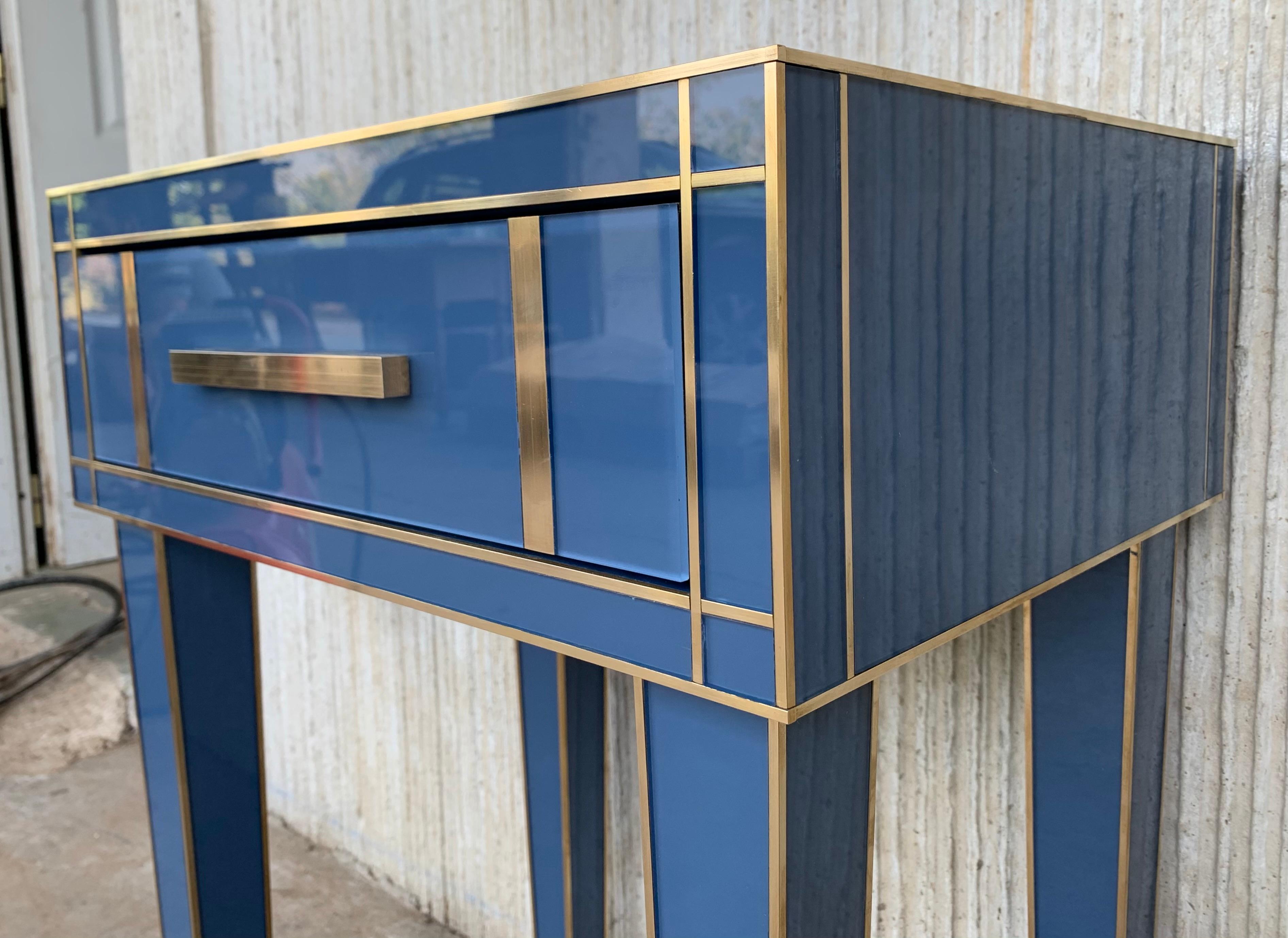 New Pair Mirrored Nightstand in Blue Mirror and Chrome with Drawer 5