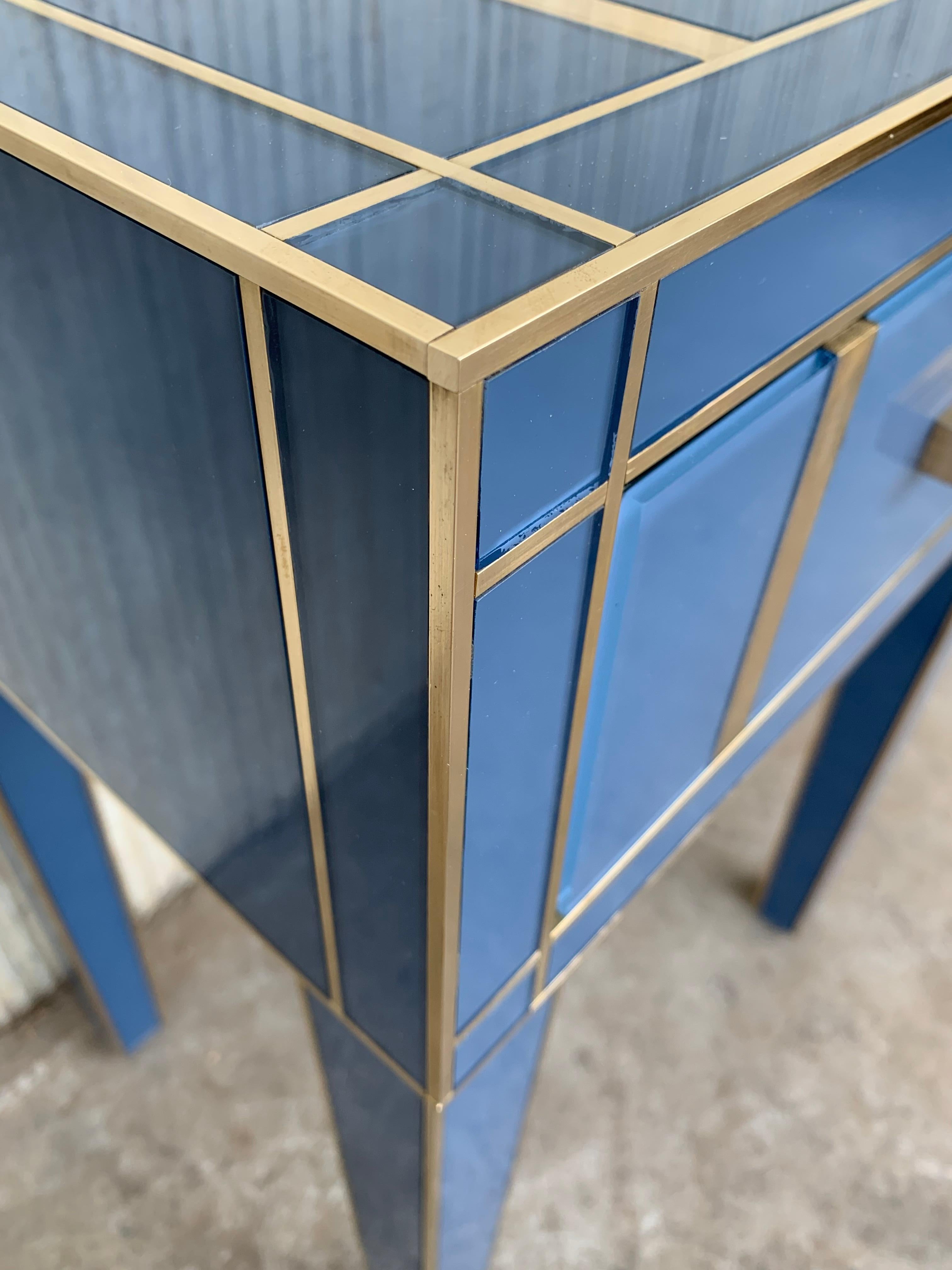 New Pair Mirrored Nightstand in Blue Mirror and Chrome with Drawer 7
