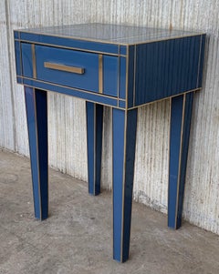 New Pair Mirrored Nightstand in Blue Mirror and Chrome with Drawer