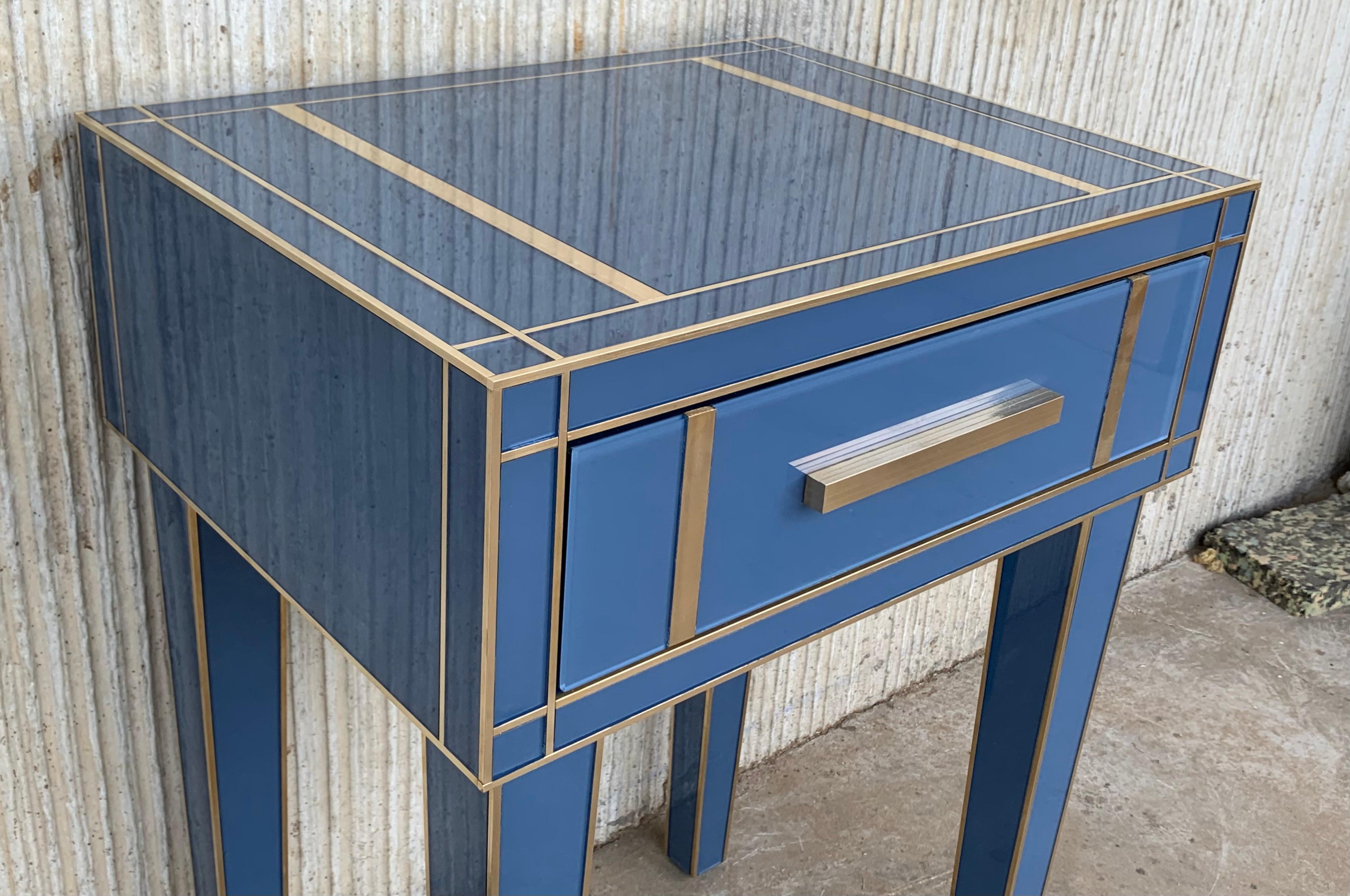 Spanish New Pair Mirrored Nightstand in Blue Mirror and Chrome with Drawer
