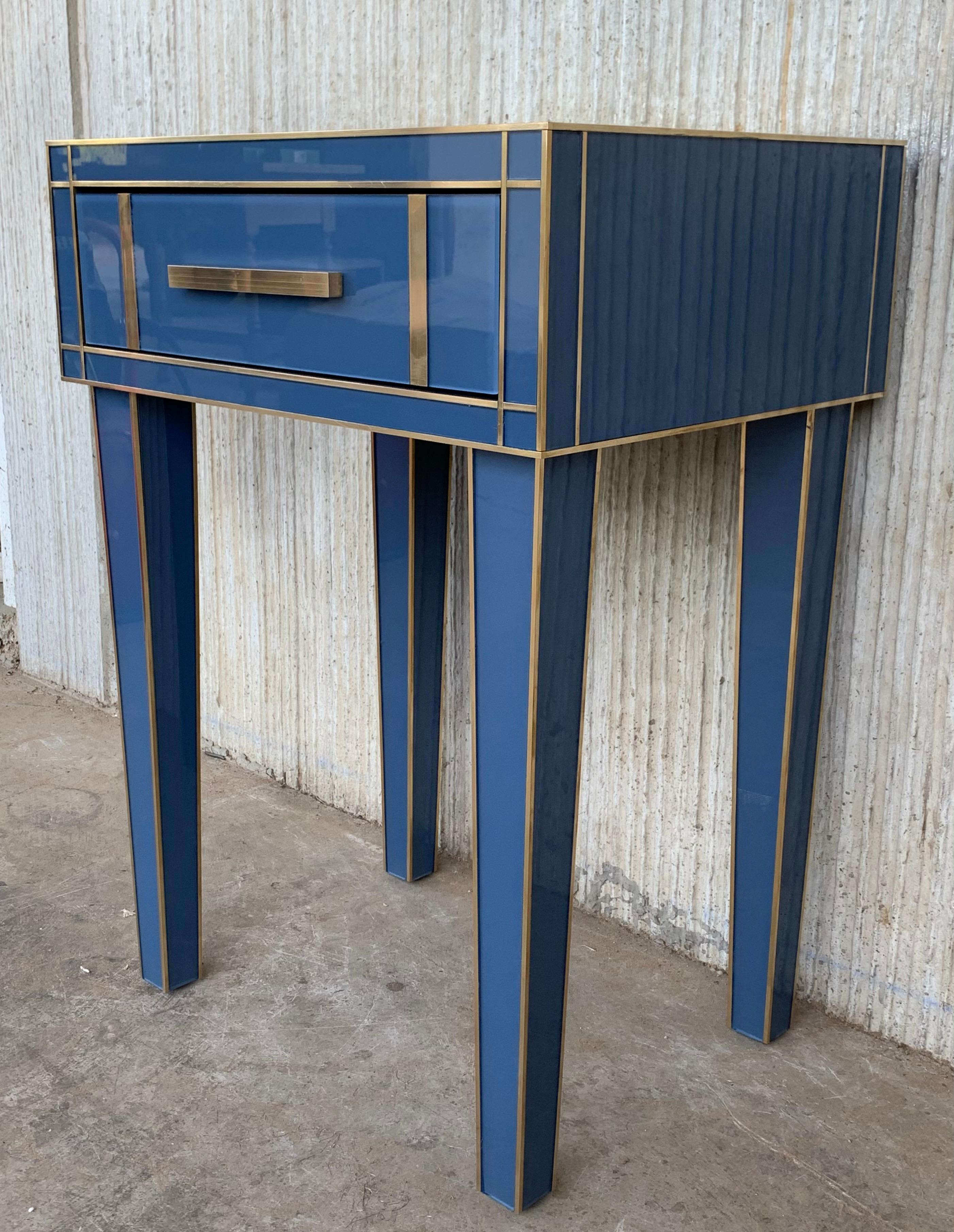 New Pair Mirrored Nightstand in Blue Mirror and Chrome with Drawer In Excellent Condition In Miami, FL