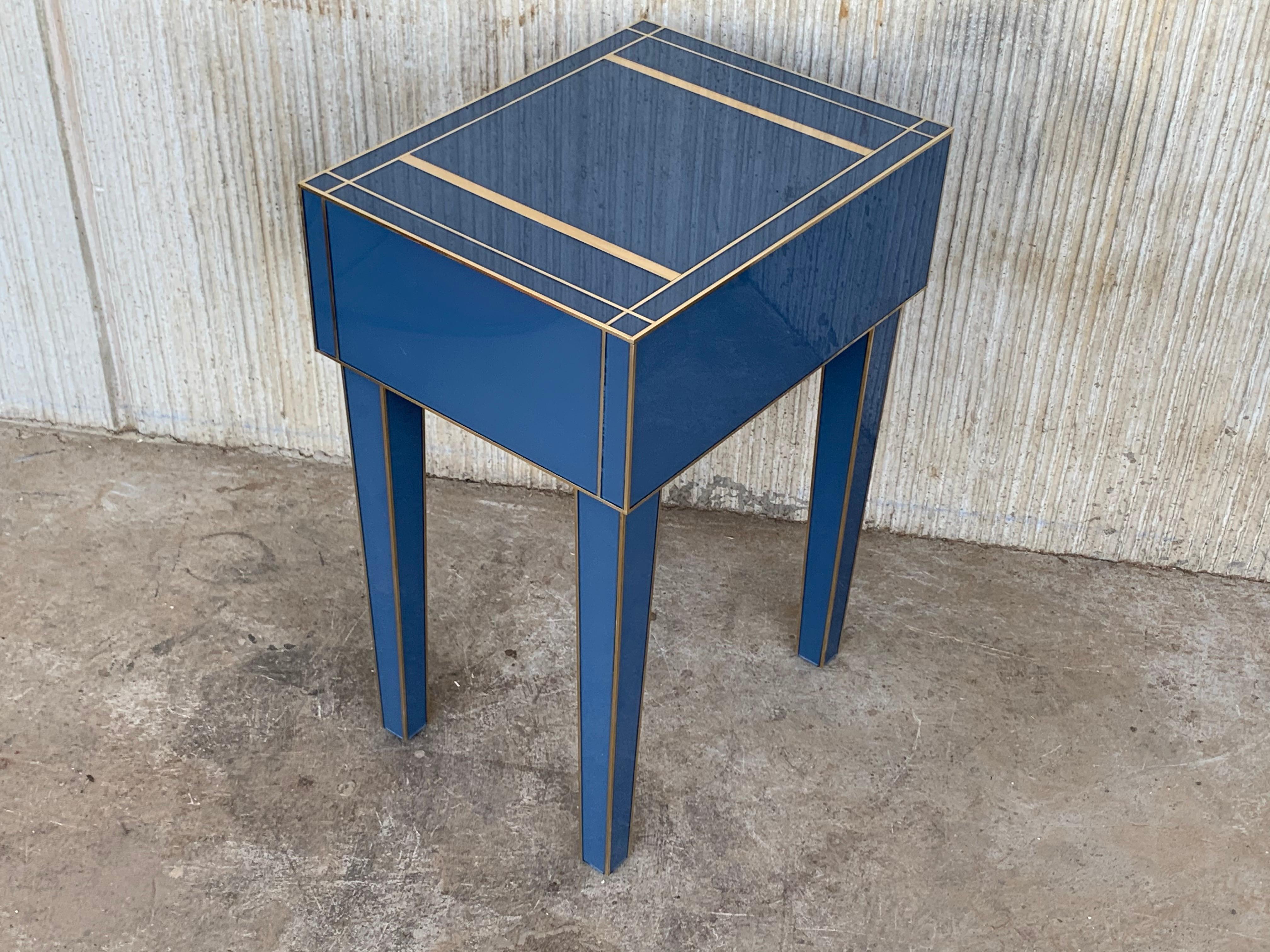 Contemporary New Pair Mirrored Nightstand in Blue Mirror and Chrome with Drawer