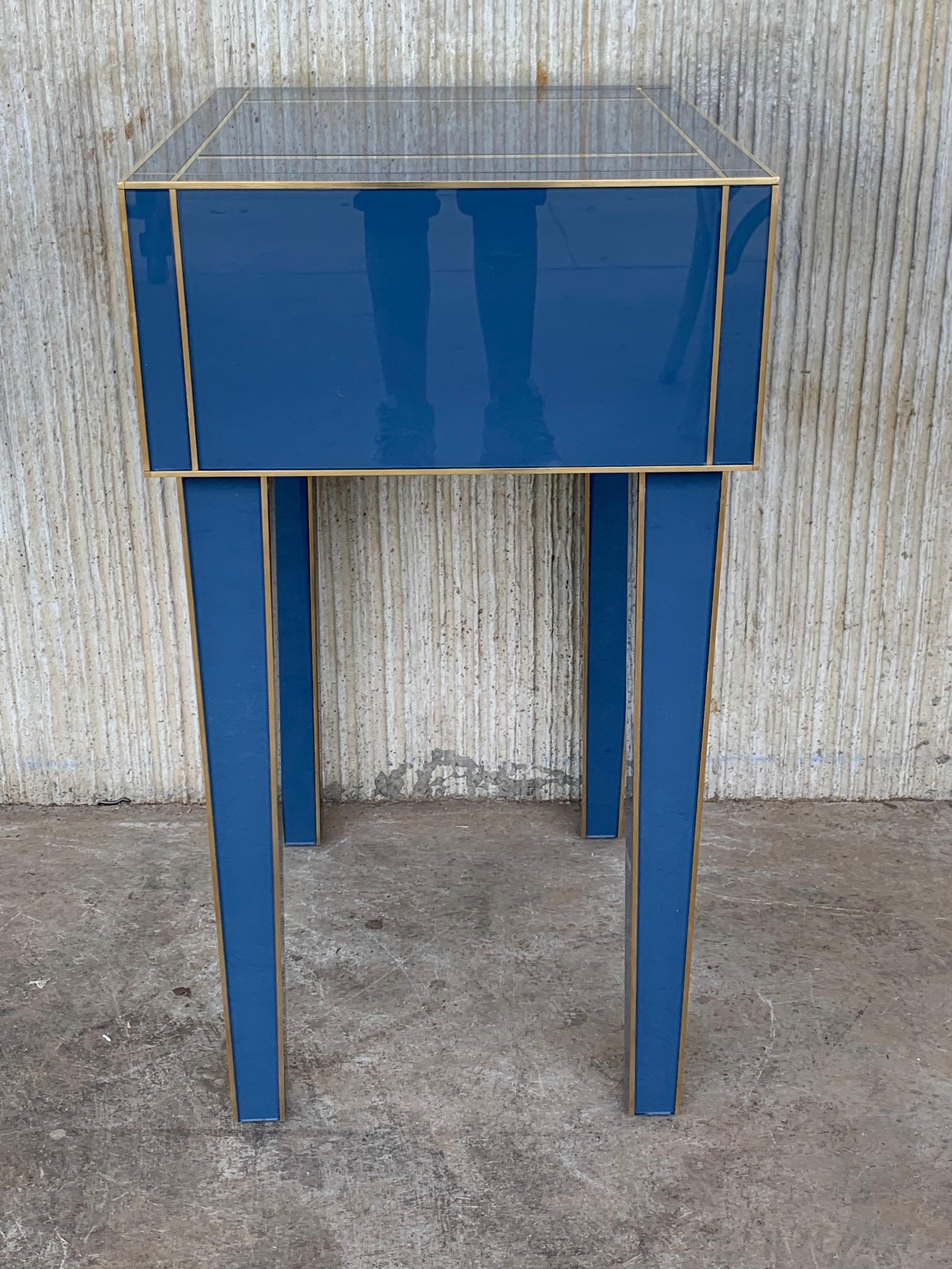 Brass New Pair Mirrored Nightstand in Blue Mirror and Chrome with Drawer