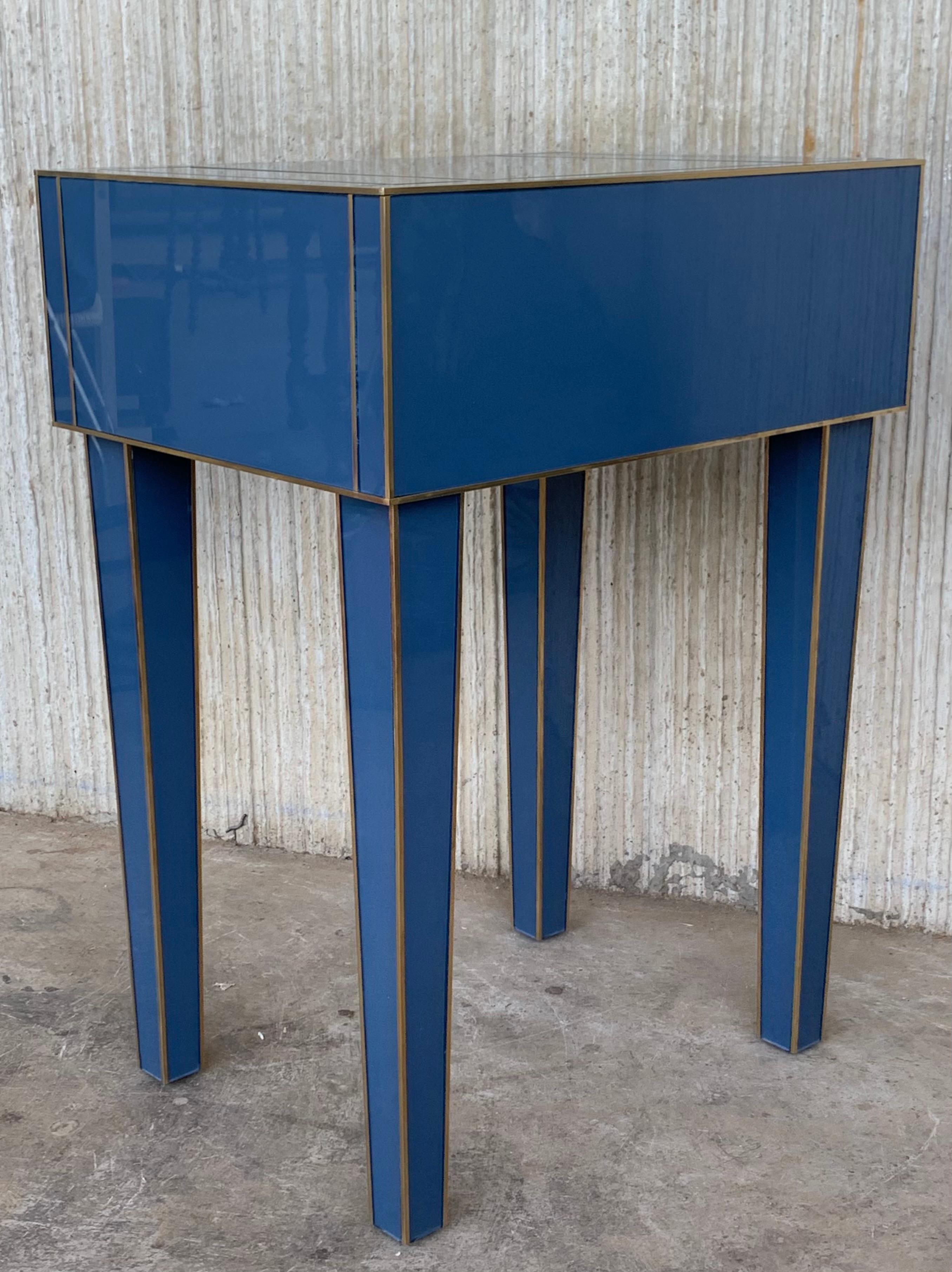New Pair Mirrored Nightstand in Blue Mirror and Chrome with Drawer 1