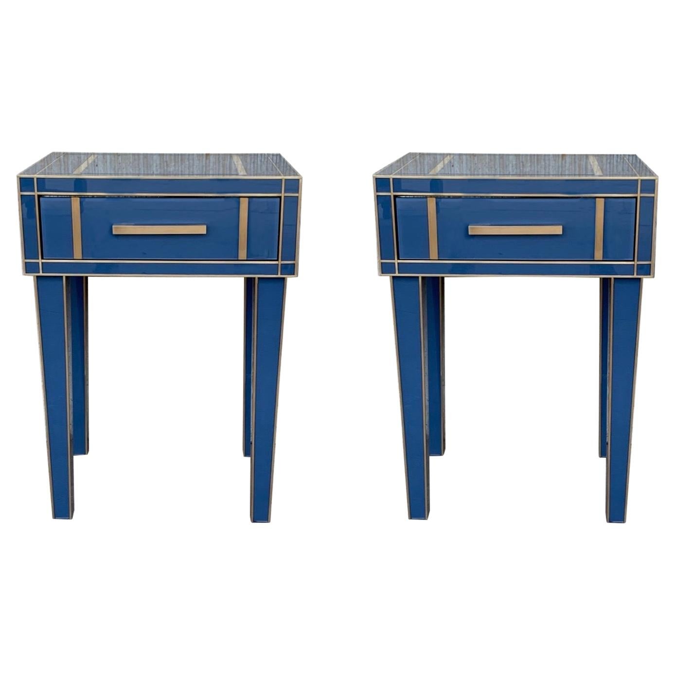 New Pair Mirrored Nightstand in Blue Mirror and Chrome with Drawer
