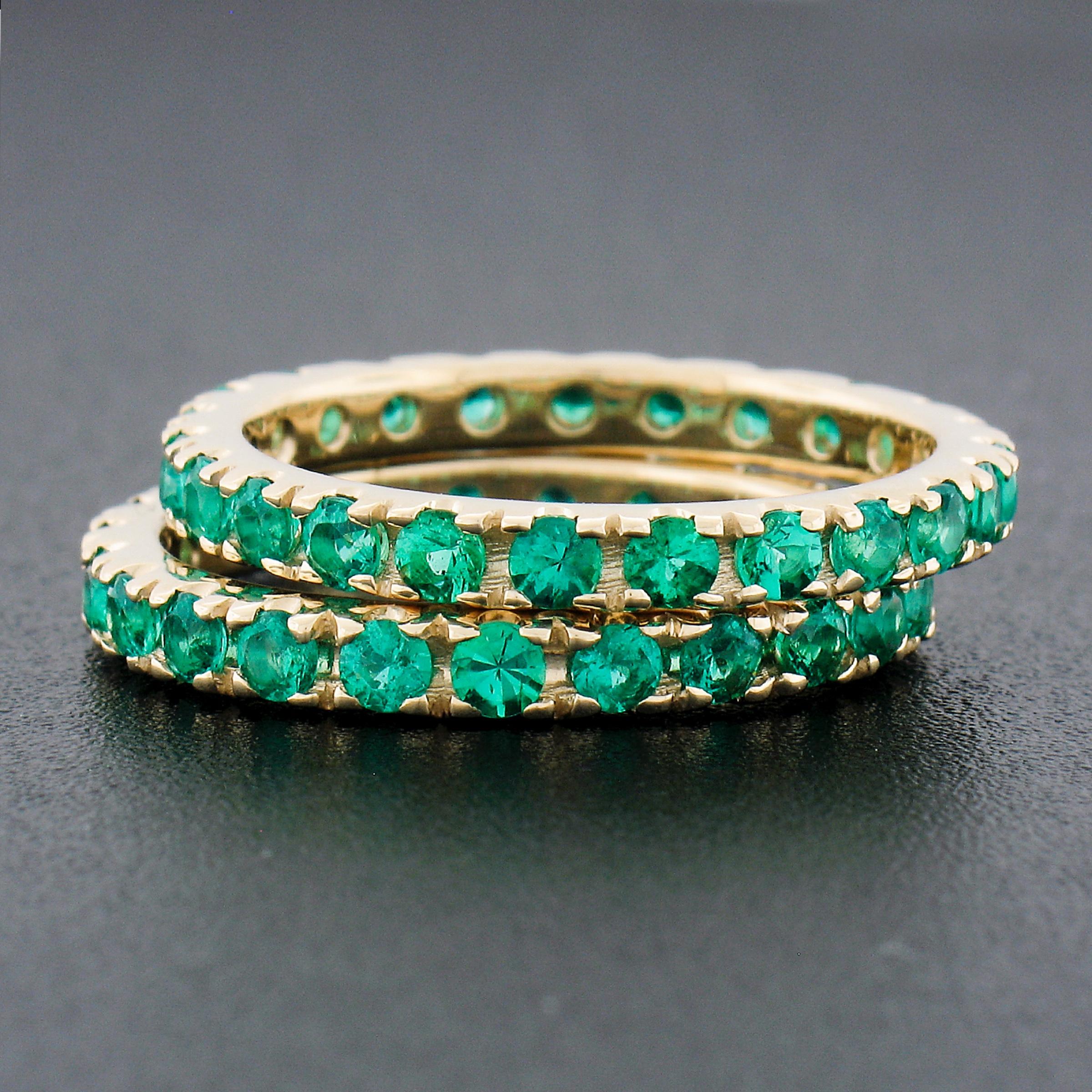 Round Cut New Pair of 14k Yellow Gold 2.20ct Round Emerald Eternity Stack Band Guard Rings