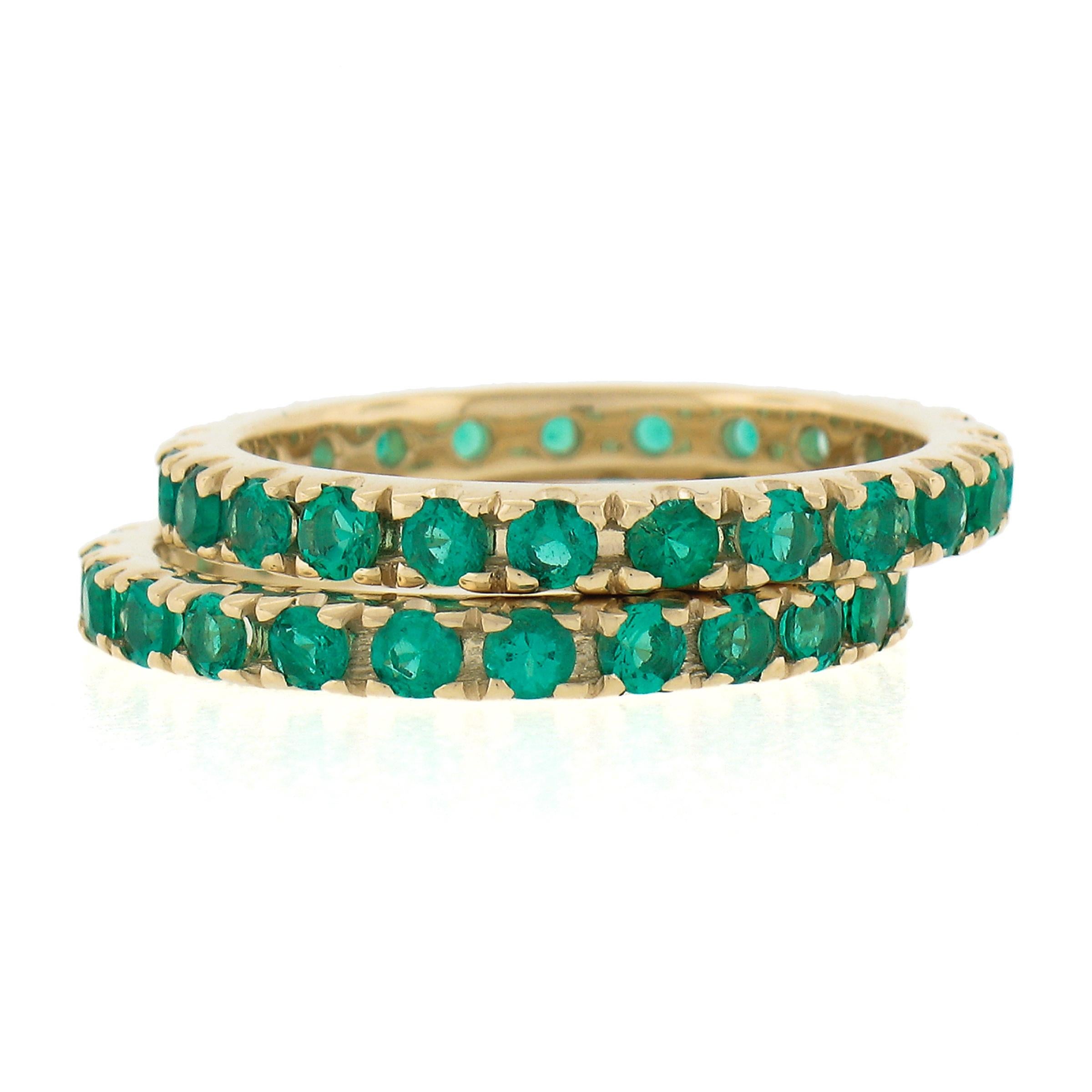 Women's New Pair of 14k Yellow Gold 2.20ct Round Emerald Eternity Stack Band Guard Rings