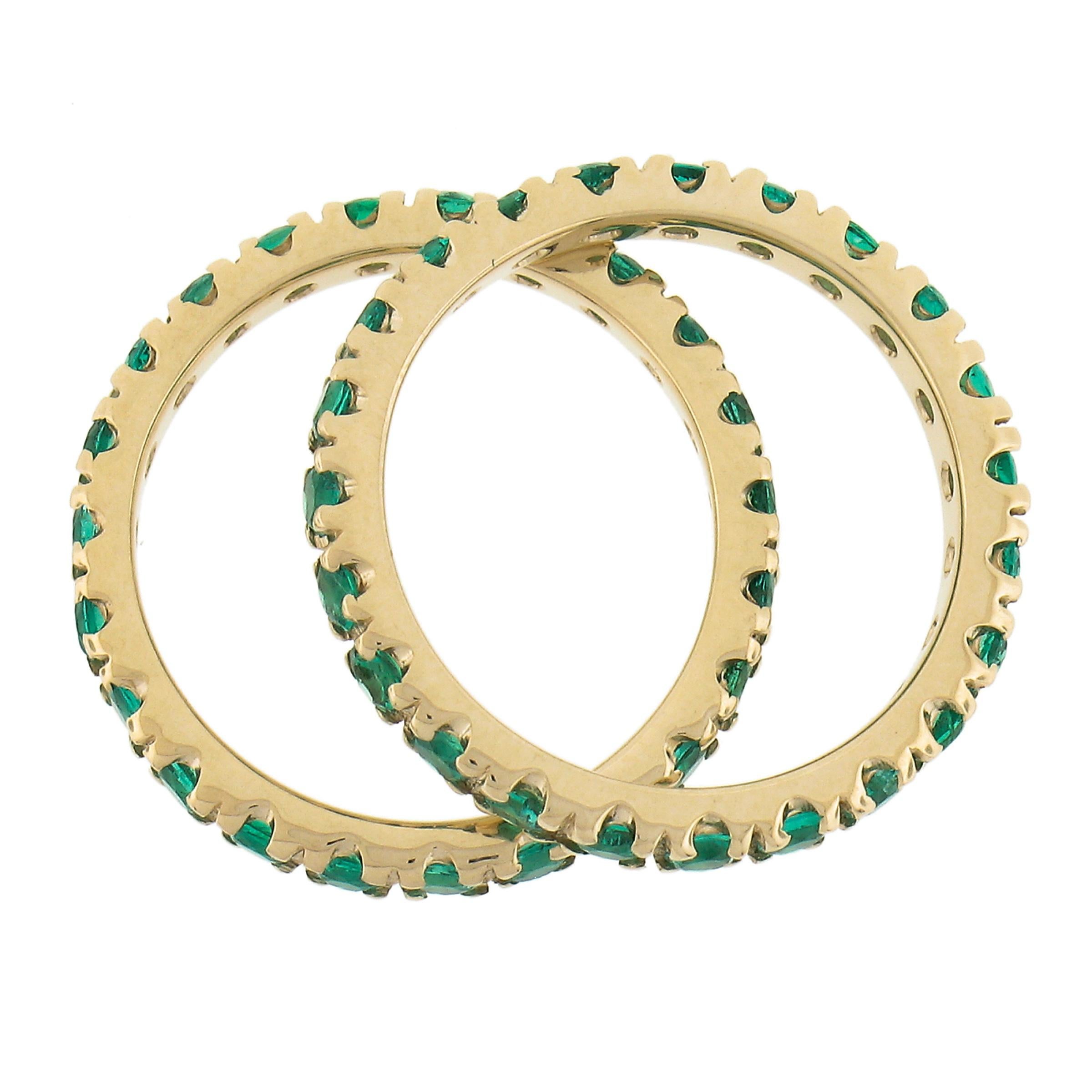 New Pair of 14k Yellow Gold 2.20ct Round Emerald Eternity Stack Band Guard Rings 1
