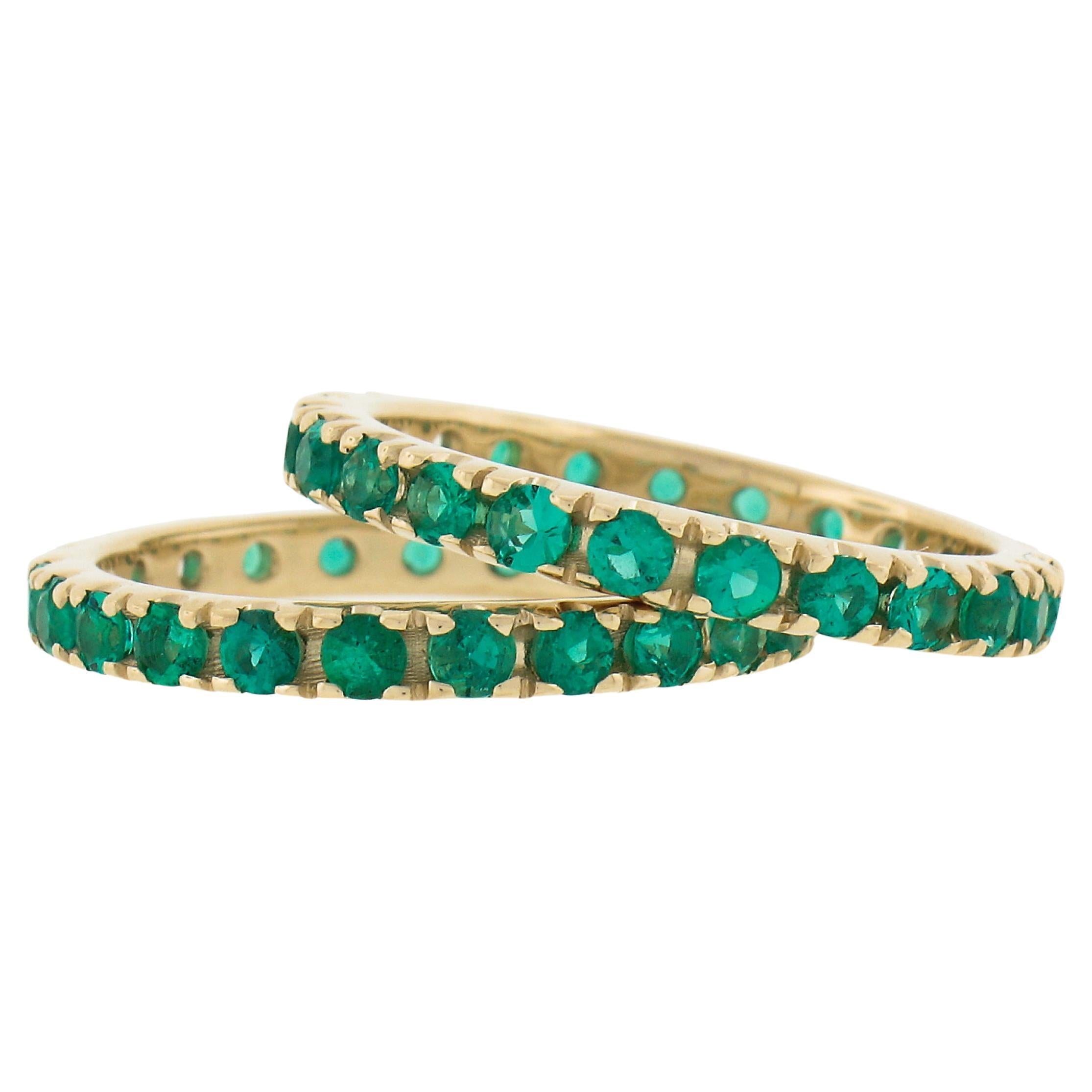 New Pair of 14k Yellow Gold 2.20ct Round Emerald Eternity Stack Band Guard Rings