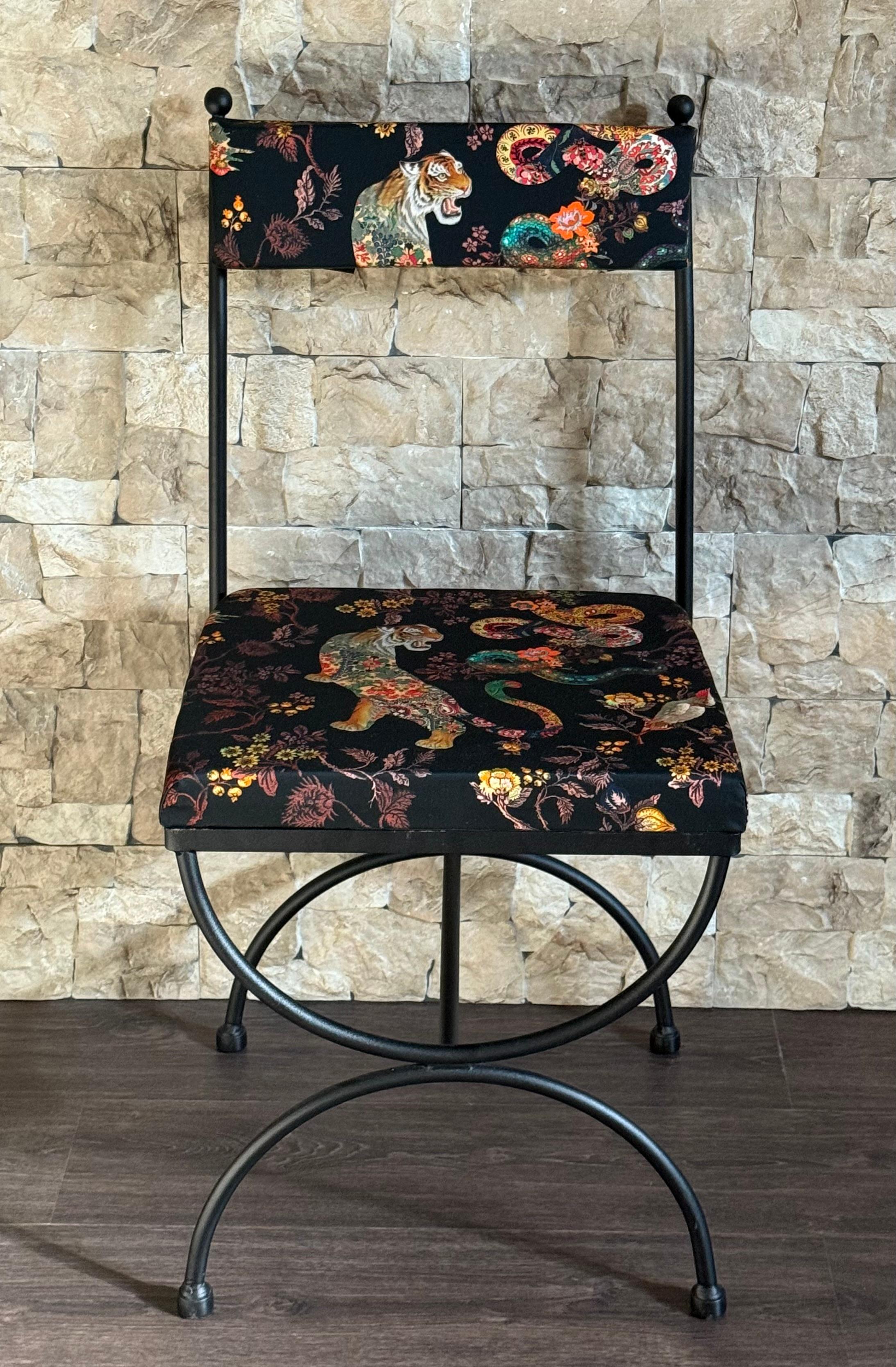 Modern New Pair of Chairs in Wrought Iron with Silinog Fabric by Etro in Back and Seat For Sale