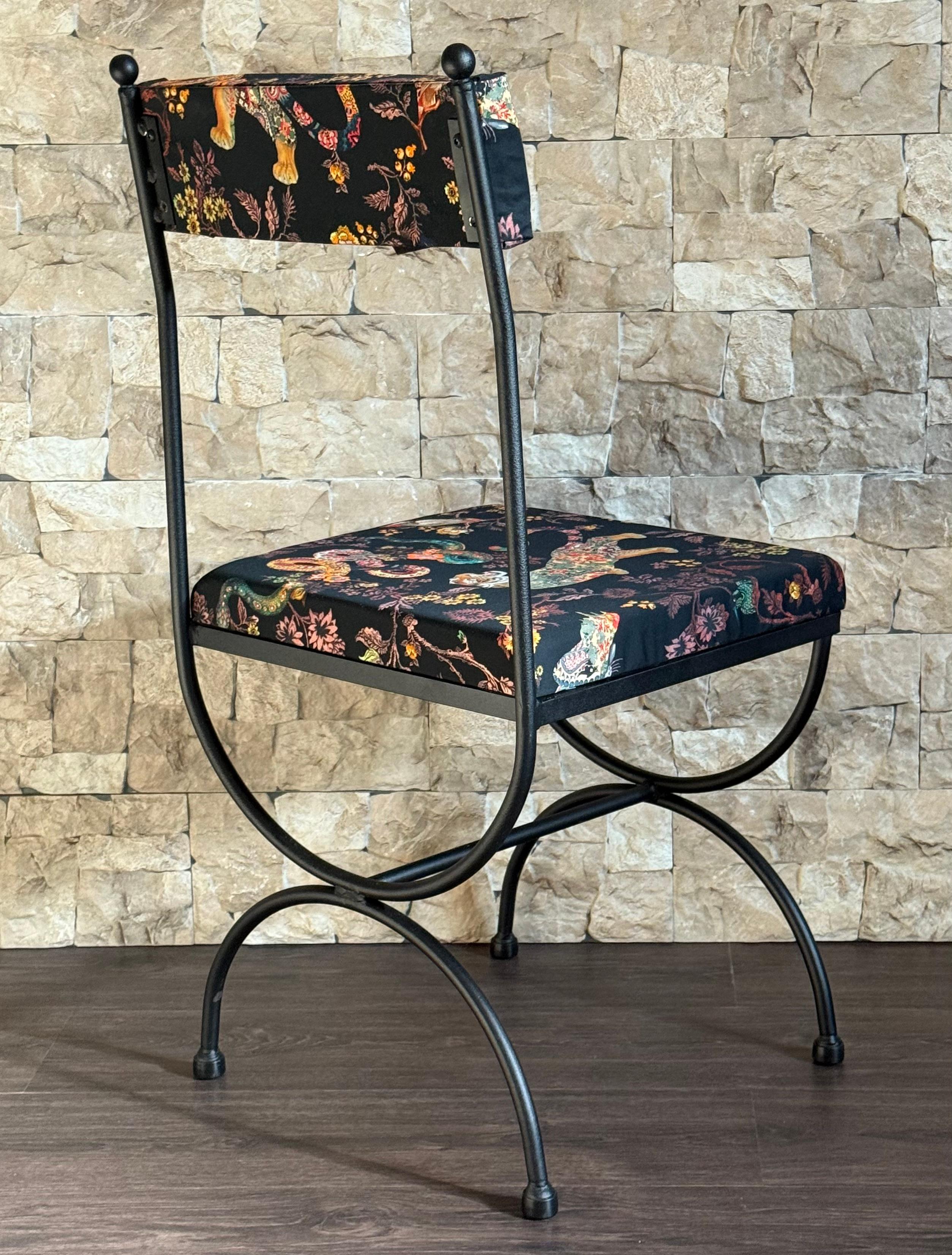 New Pair of Chairs in Wrought Iron with Silinog Fabric by Etro in Back and Seat In Excellent Condition For Sale In Miami, FL