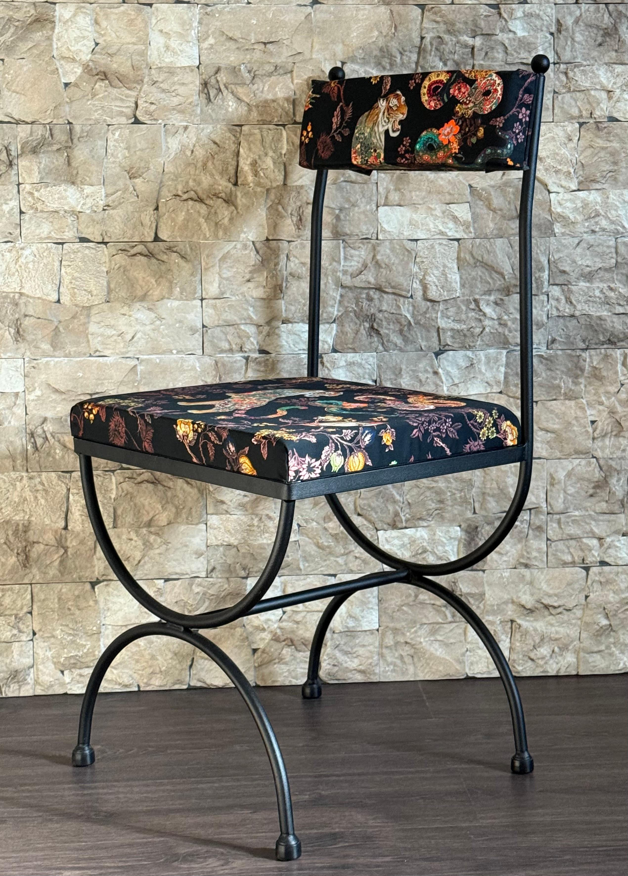 New Pair of Chairs in Wrought Iron with Silinog Fabric by Etro in Back and Seat For Sale 1