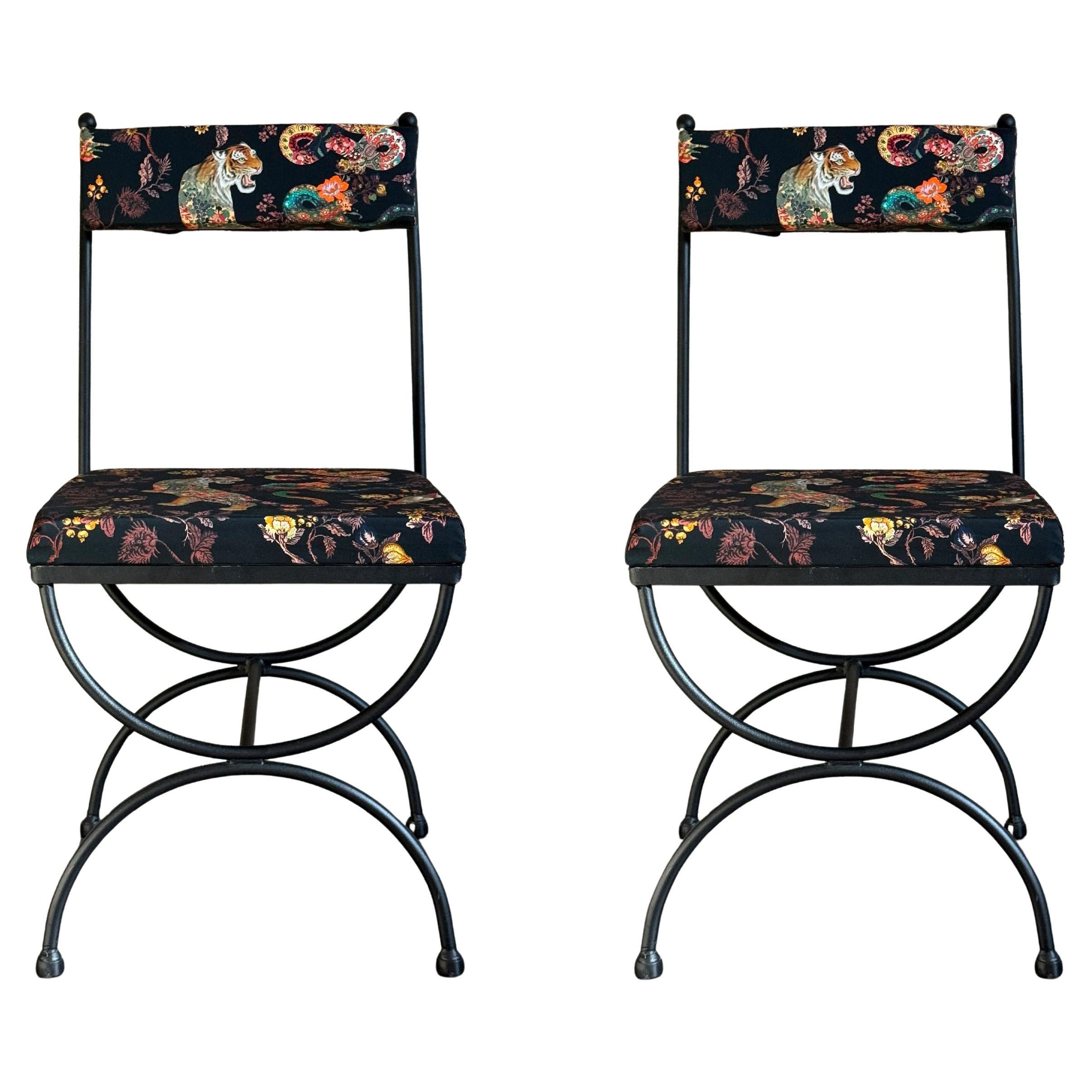 New Pair of Chairs in Wrought Iron with Silinog Fabric by Etro in Back and Seat For Sale
