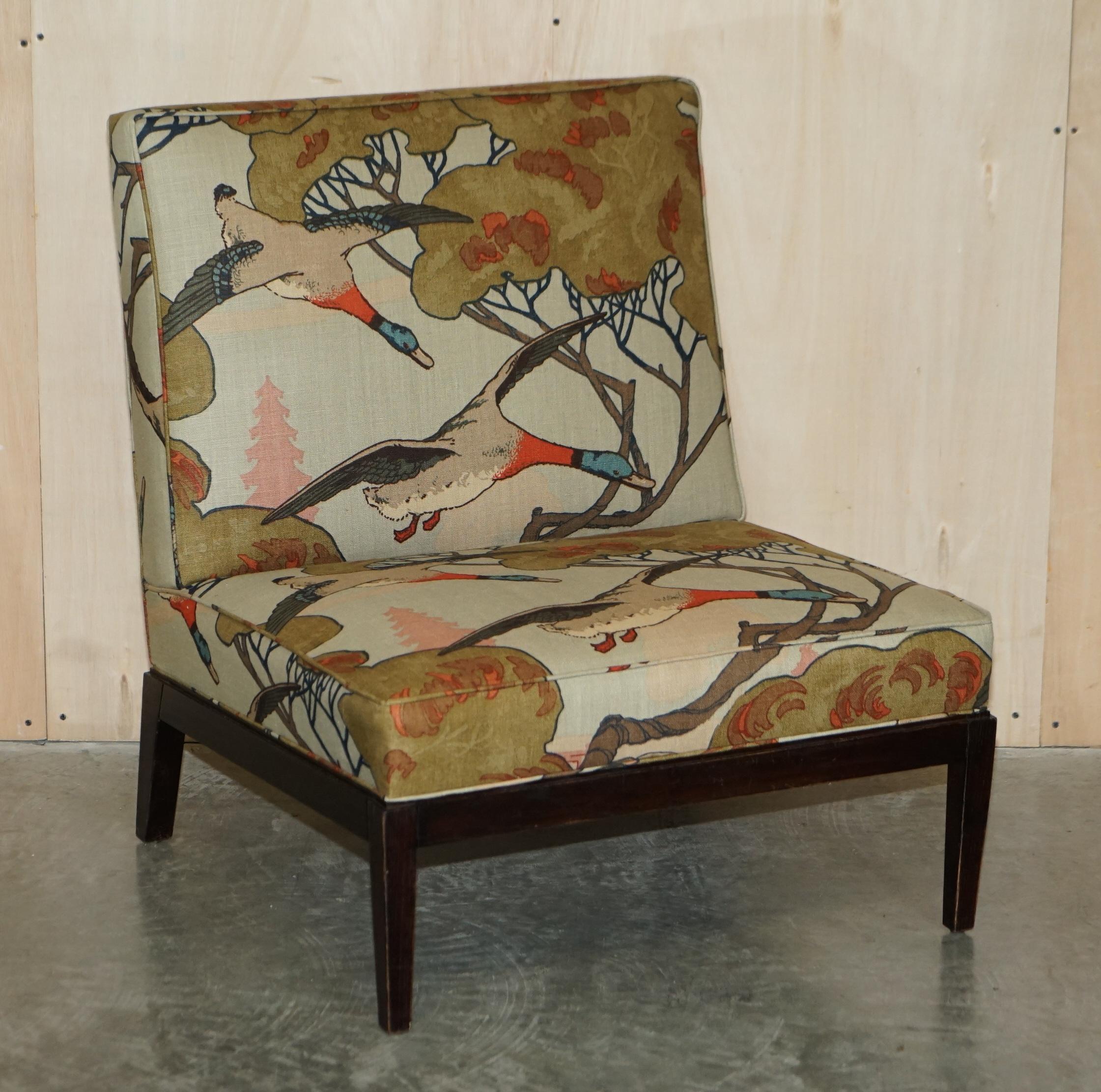 New Pair of George Smith Norris Armchairs in Mulberry Flying Ducks Upholstery For Sale 7