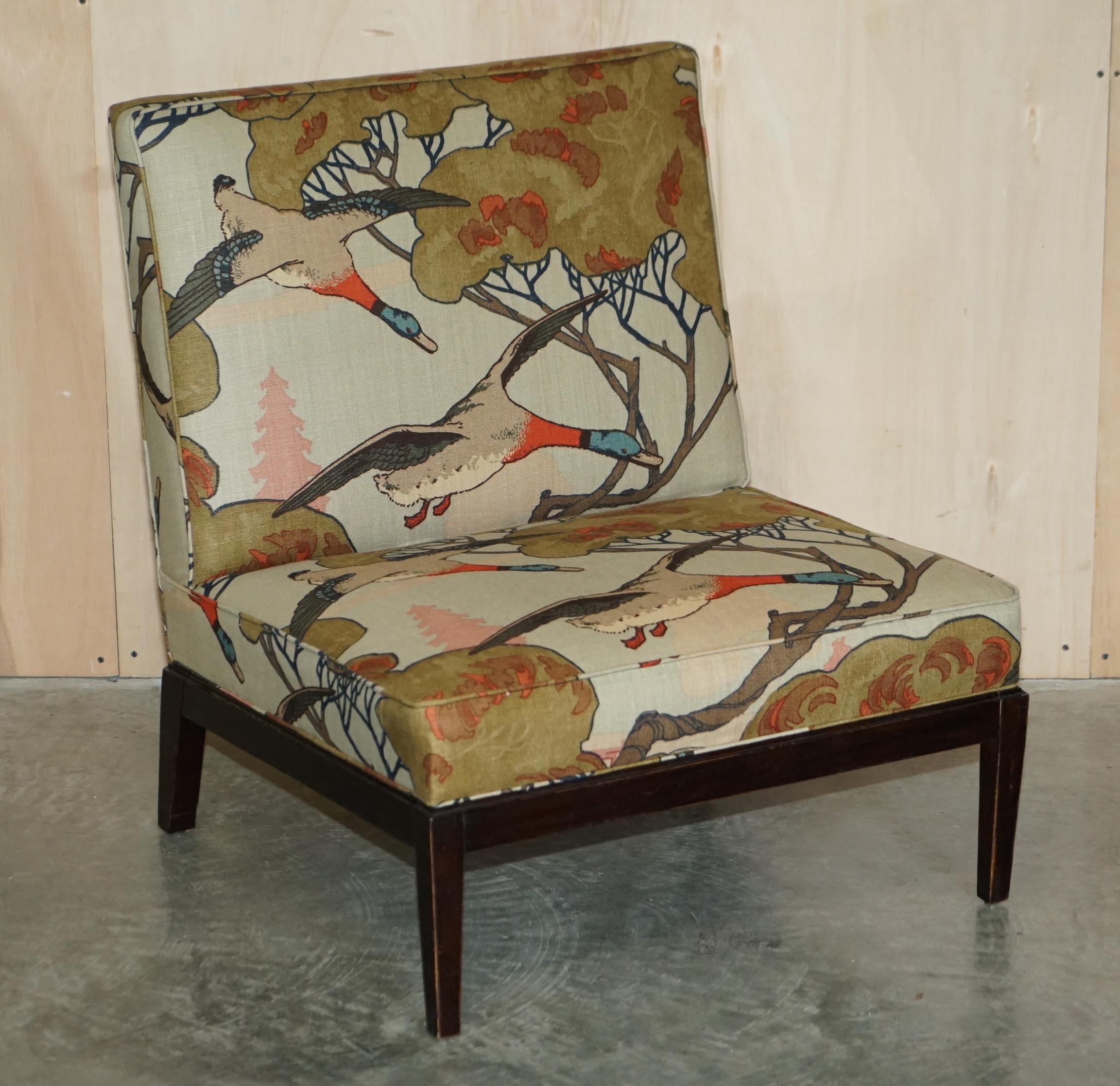 We are delighted to offer for sale this pair of fully refurbished, George Smith Norris armchairs upholstered in Mulberry Flying Ducks linen which are part of a suite

I have five of these armchairs for sale and one three seat sofa, the armchairs are