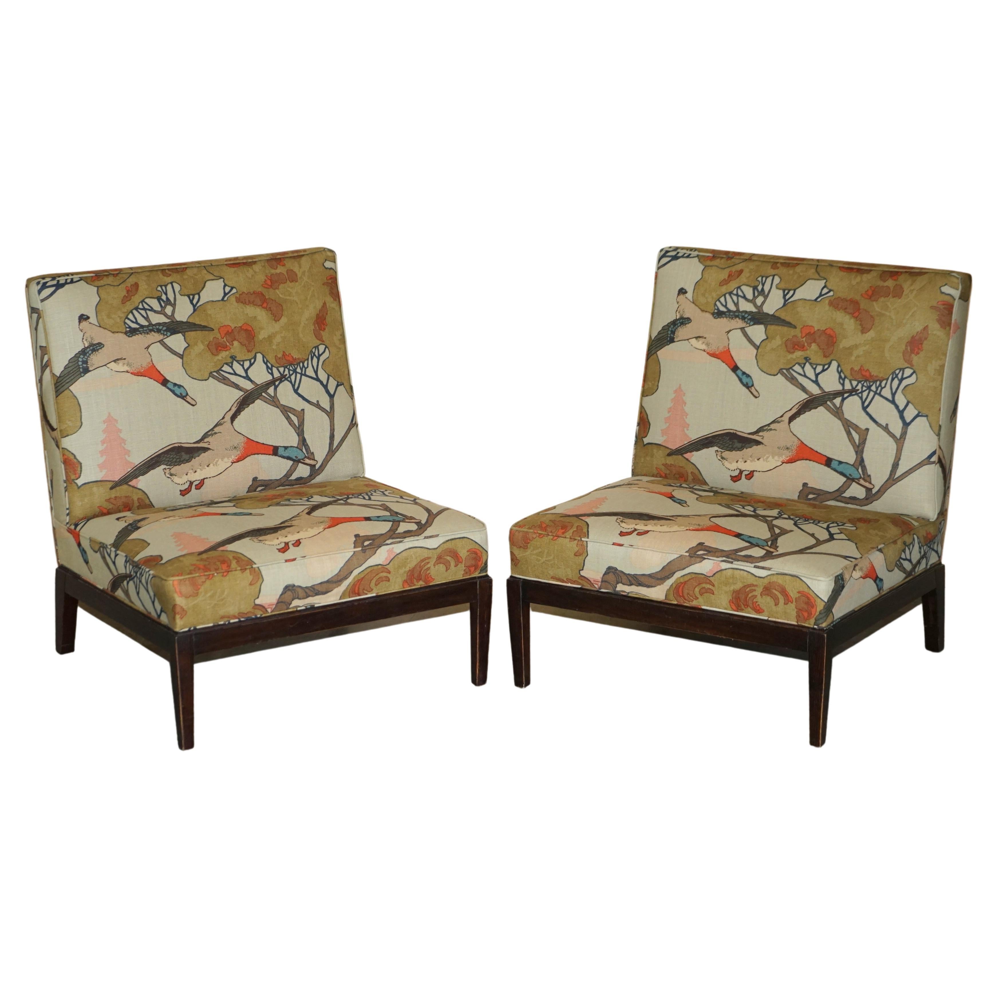 New Pair of George Smith Norris Armchairs in Mulberry Flying Ducks Upholstery For Sale
