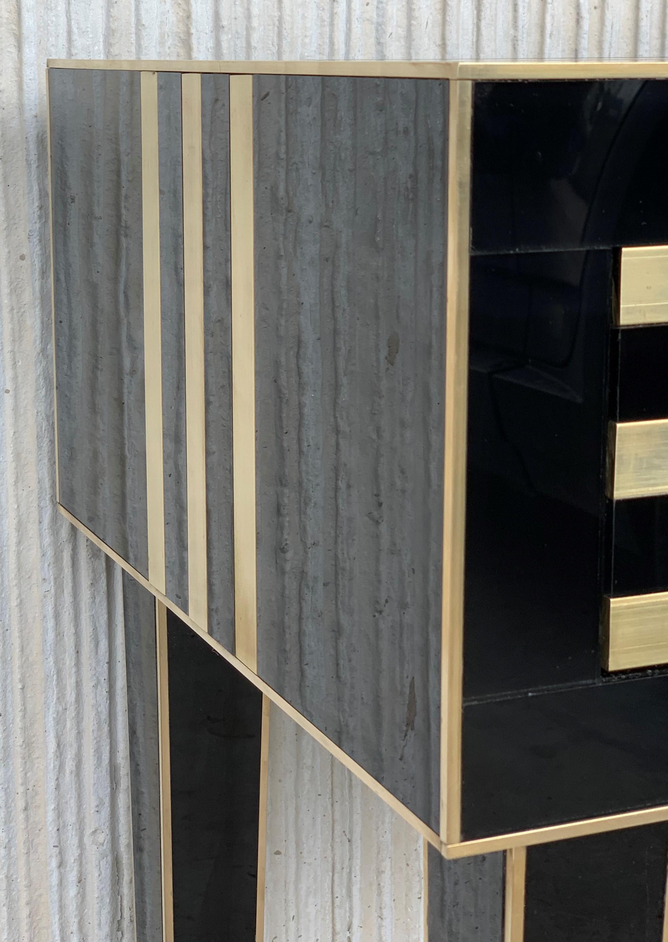 New Pair of High Black and Brass Nightstands with Drawer, Push System Opening For Sale 4