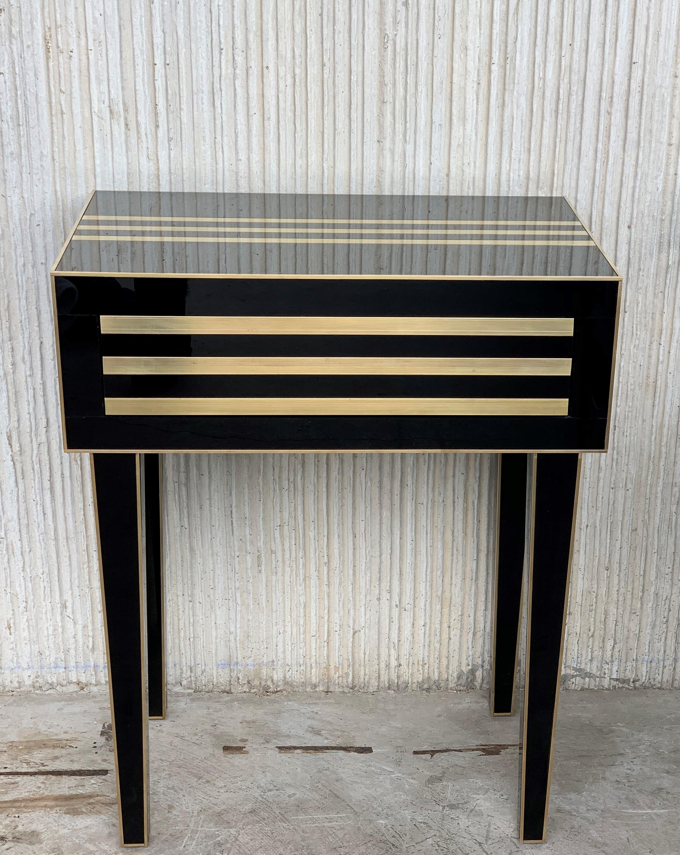 Modern New Pair of High Black and Brass Nightstands with Drawer, Push System Opening