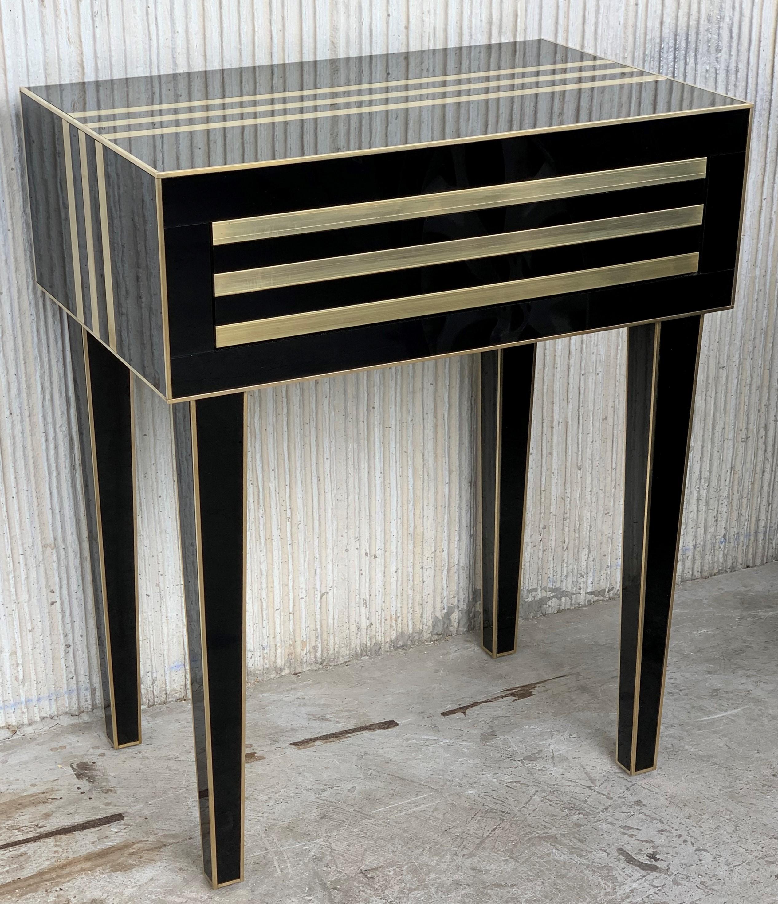 Spanish New Pair of High Black and Brass Nightstands with Drawer, Push System Opening