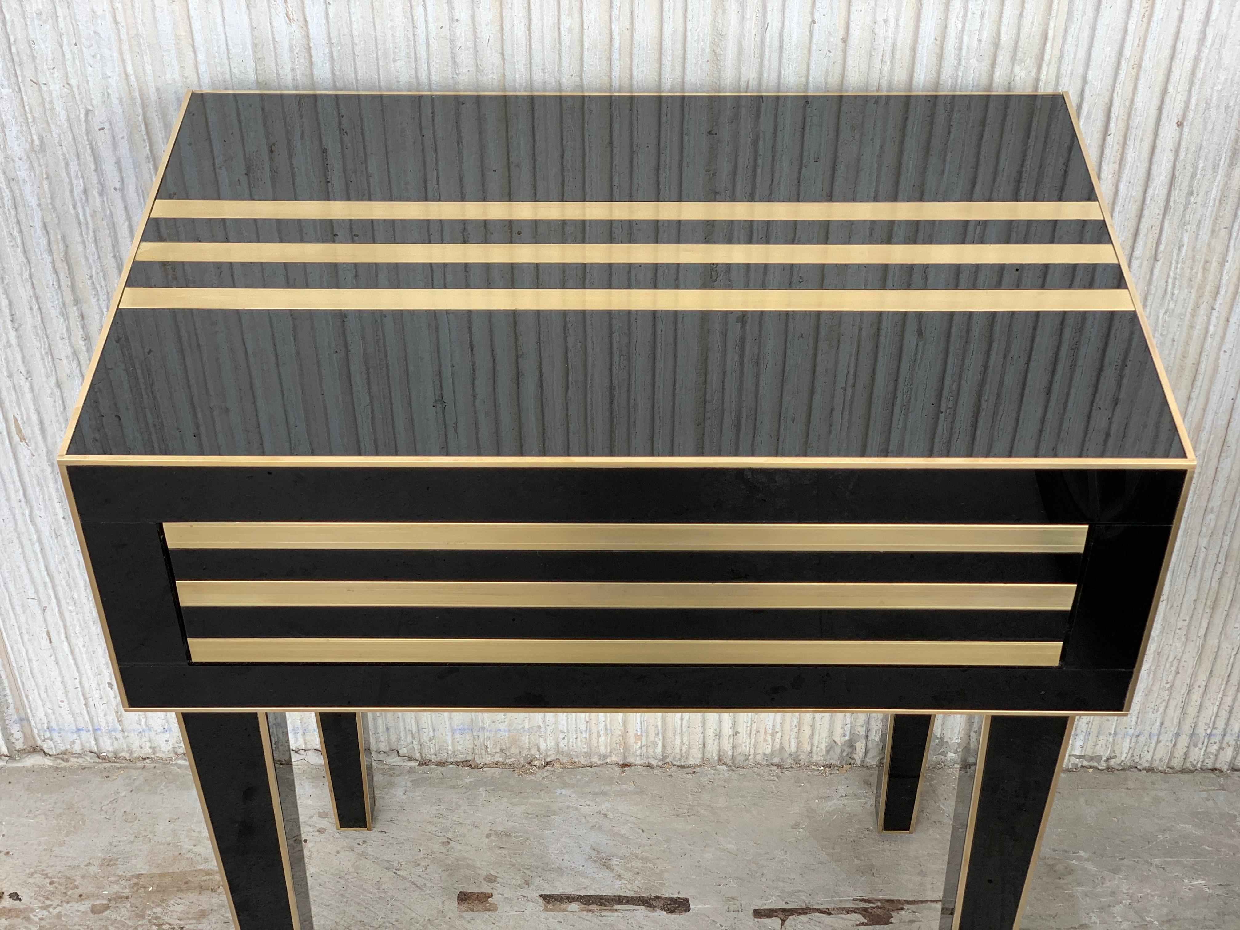 Contemporary New Pair of High Black and Brass Nightstands with Drawer, Push System Opening