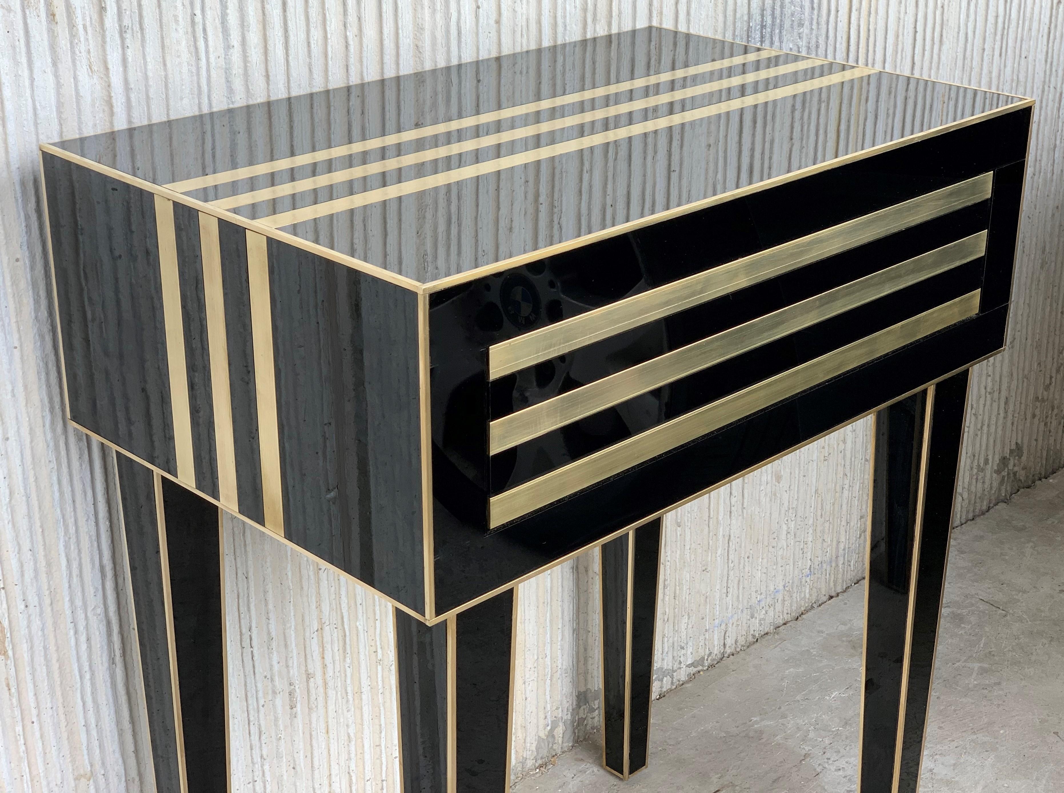New Pair of High Black and Brass Nightstands with Drawer, Push System Opening For Sale 1