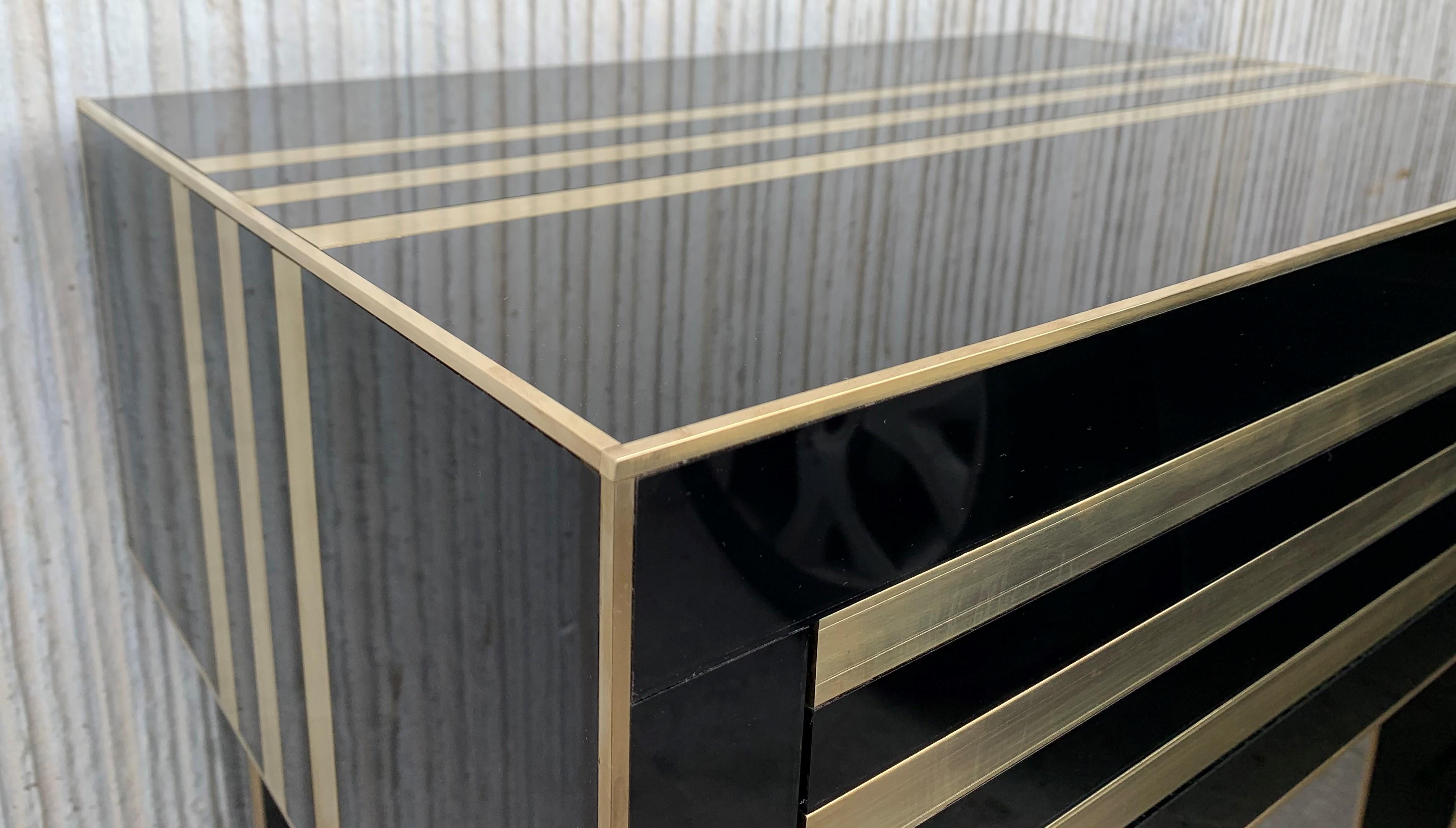 New Pair of High Black and Brass Nightstands with Drawer, Push System Opening For Sale 3