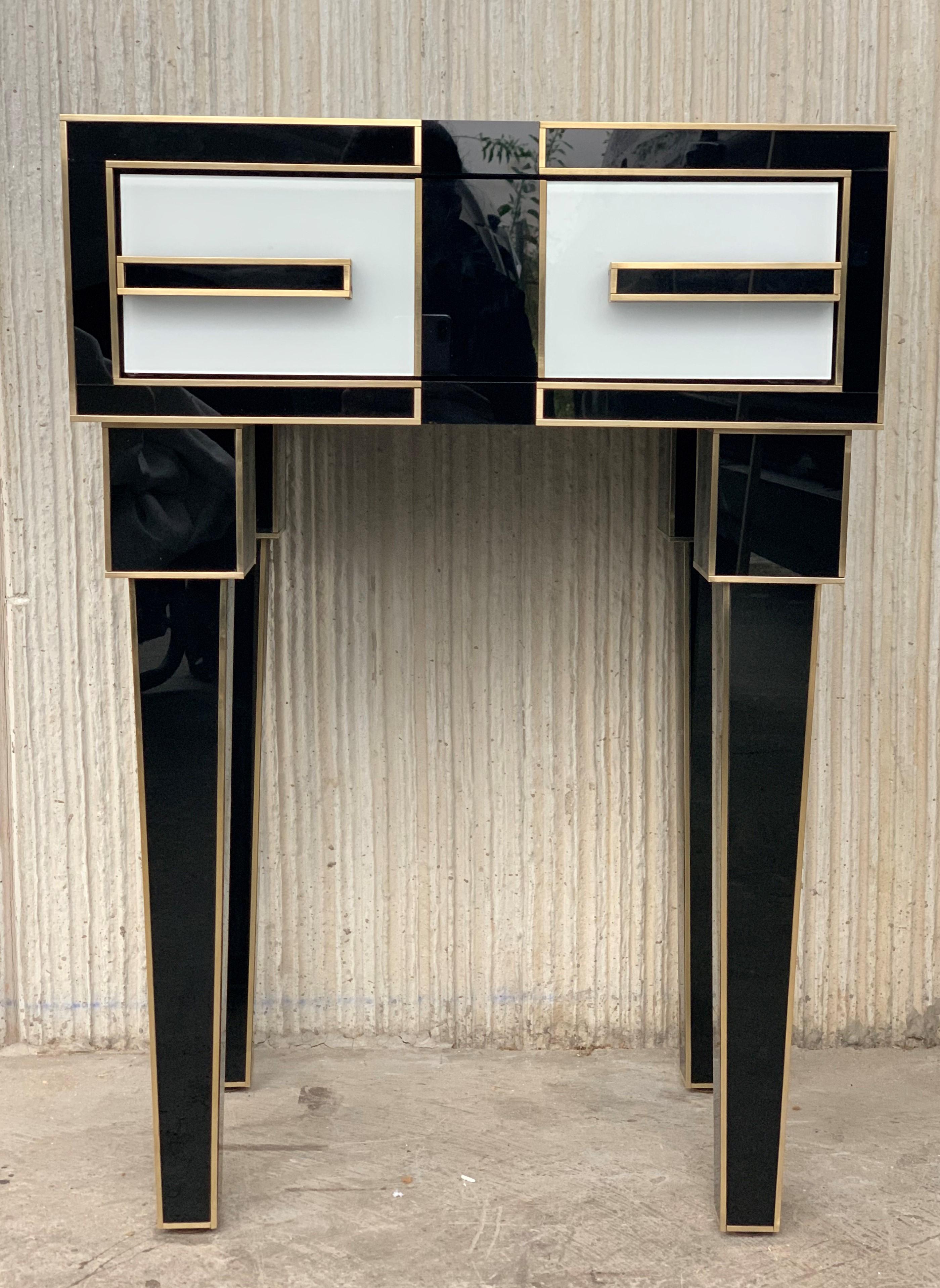 New Pair of High Black & White Glass & Brass Nightstands with Drawer 7
