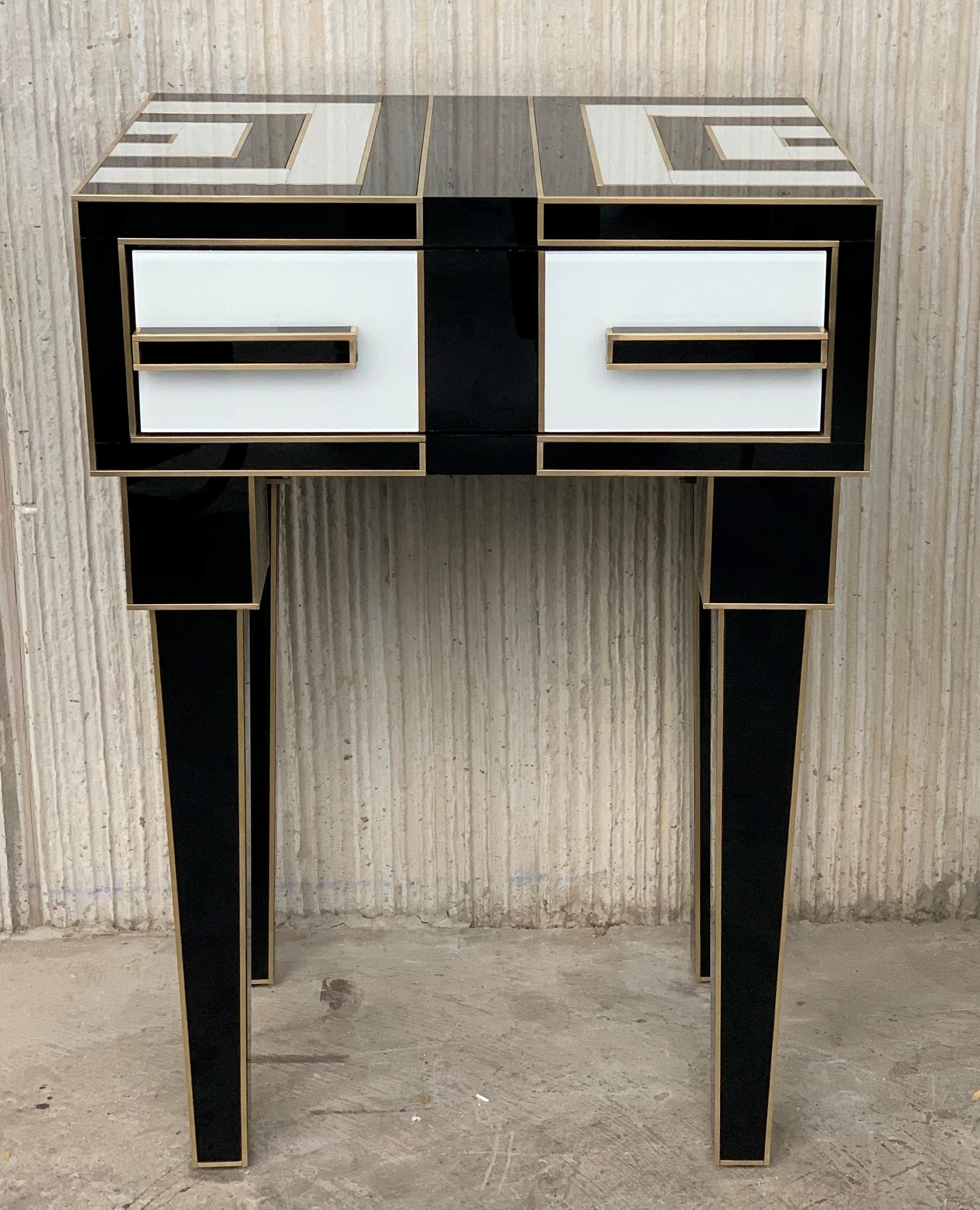 Modern New Pair of High Black & White Glass & Brass Nightstands with Drawer