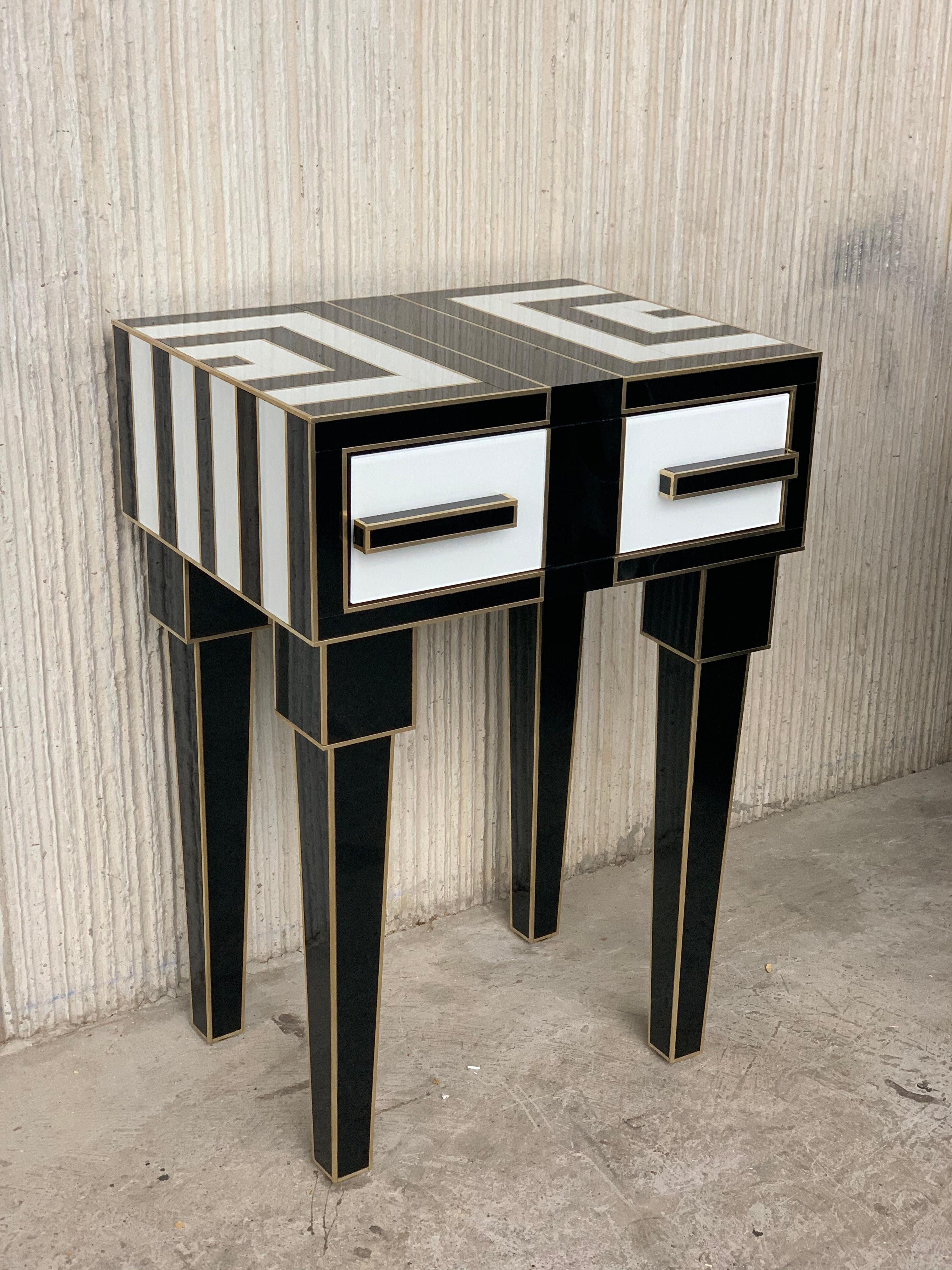 Spanish New Pair of High Black & White Glass & Brass Nightstands with Drawer