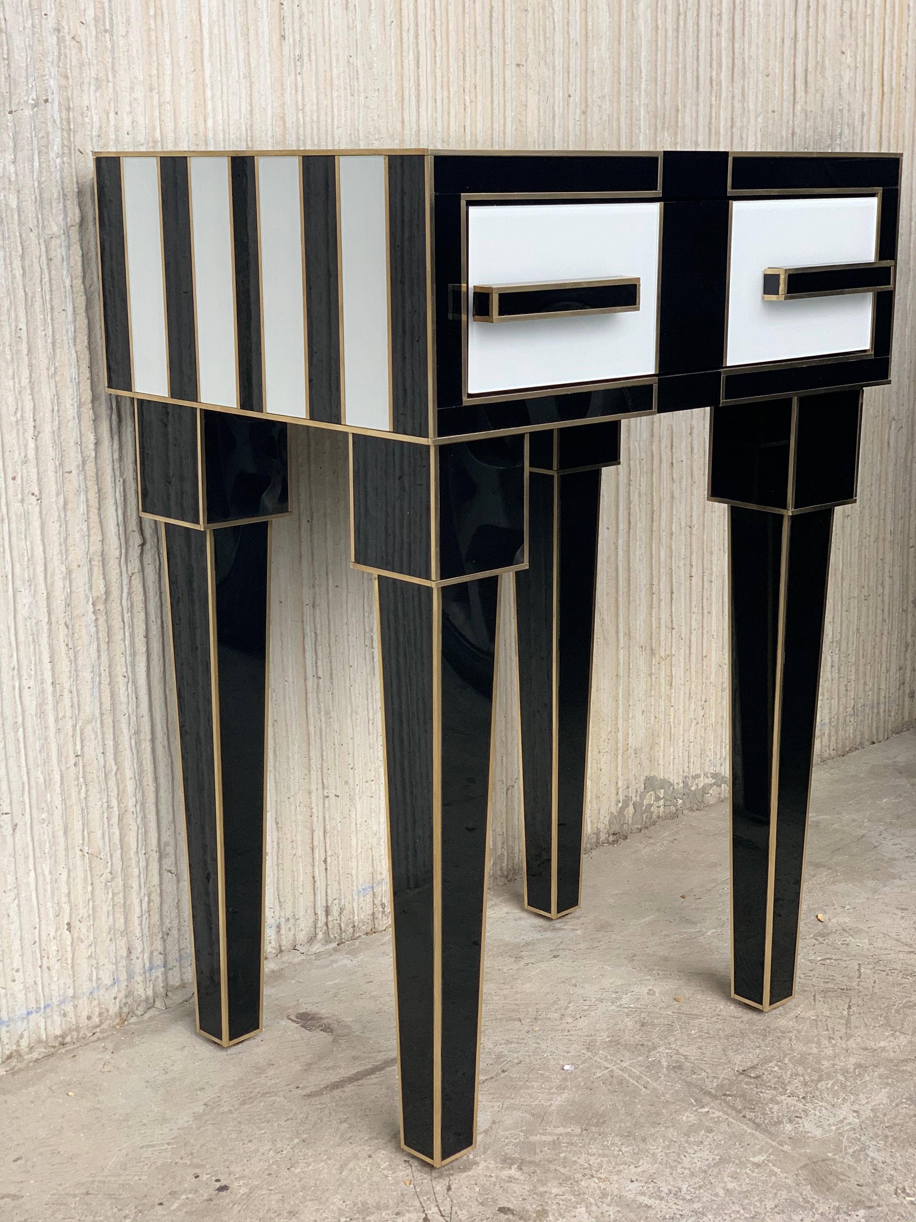New Pair of High Black & White Glass & Brass Nightstands with Drawer In New Condition In Miami, FL