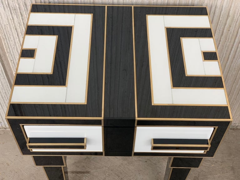 Contemporary New Pair of High Black & White Glass & Brass Nightstands with Drawer