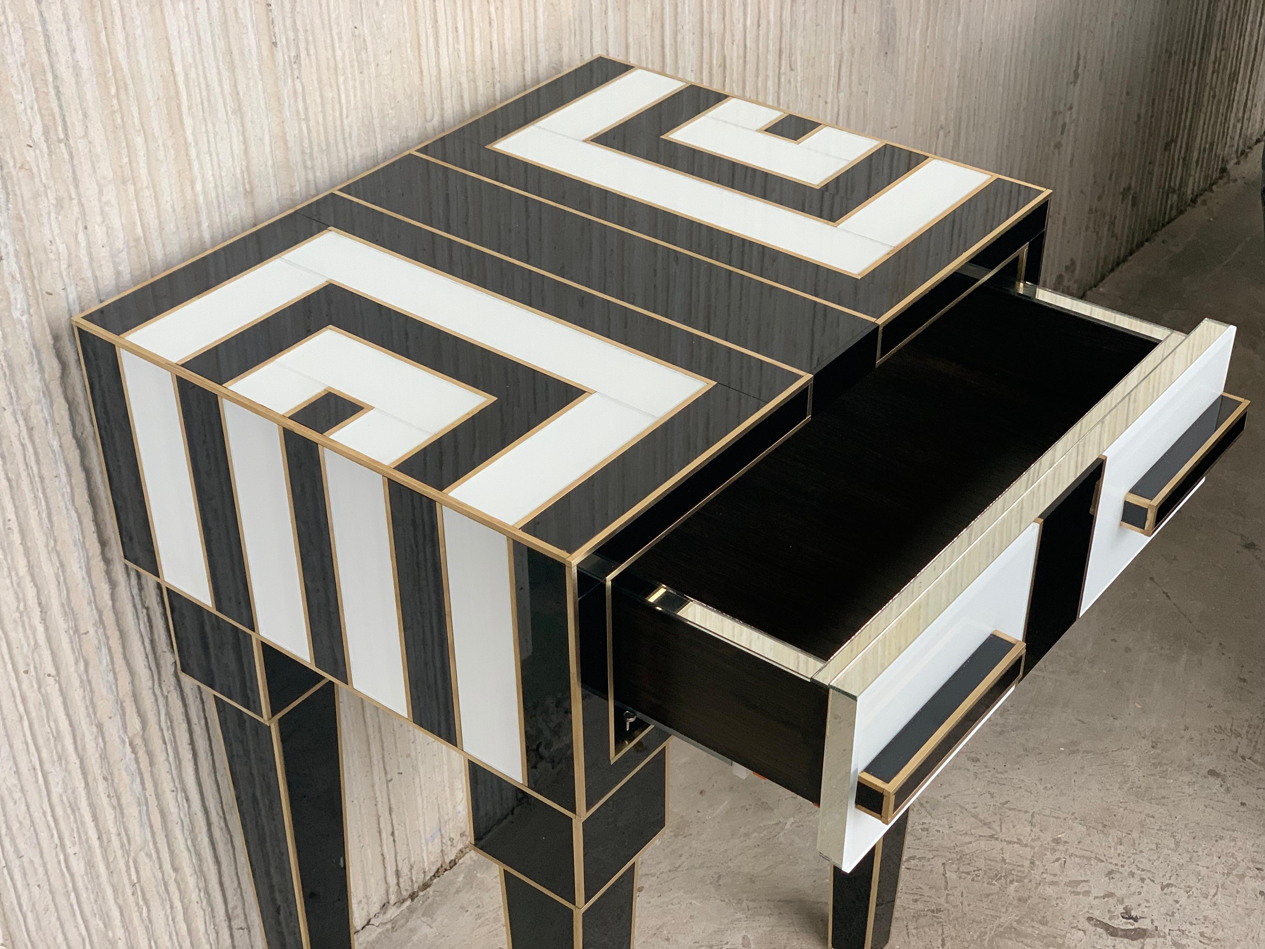 New Pair of High Black & White Glass & Brass Nightstands with Drawer 2