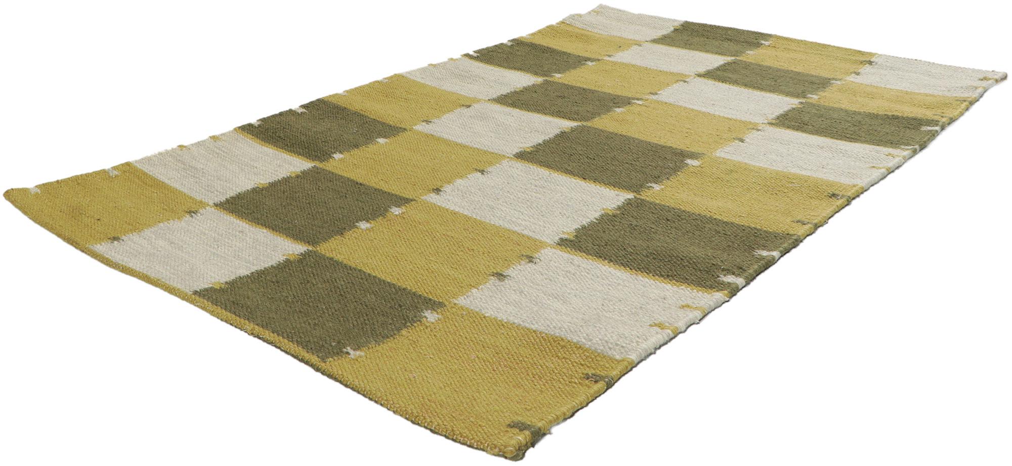 30813-30814 New pair of matching Swedish inspired kilim rugs with Scandinavian Modern Style. With its geometric design and earthy colorway, this hand-woven wool Swedish inspired Kilim rug beautifully embodies the simplicity of Scandinavian modern