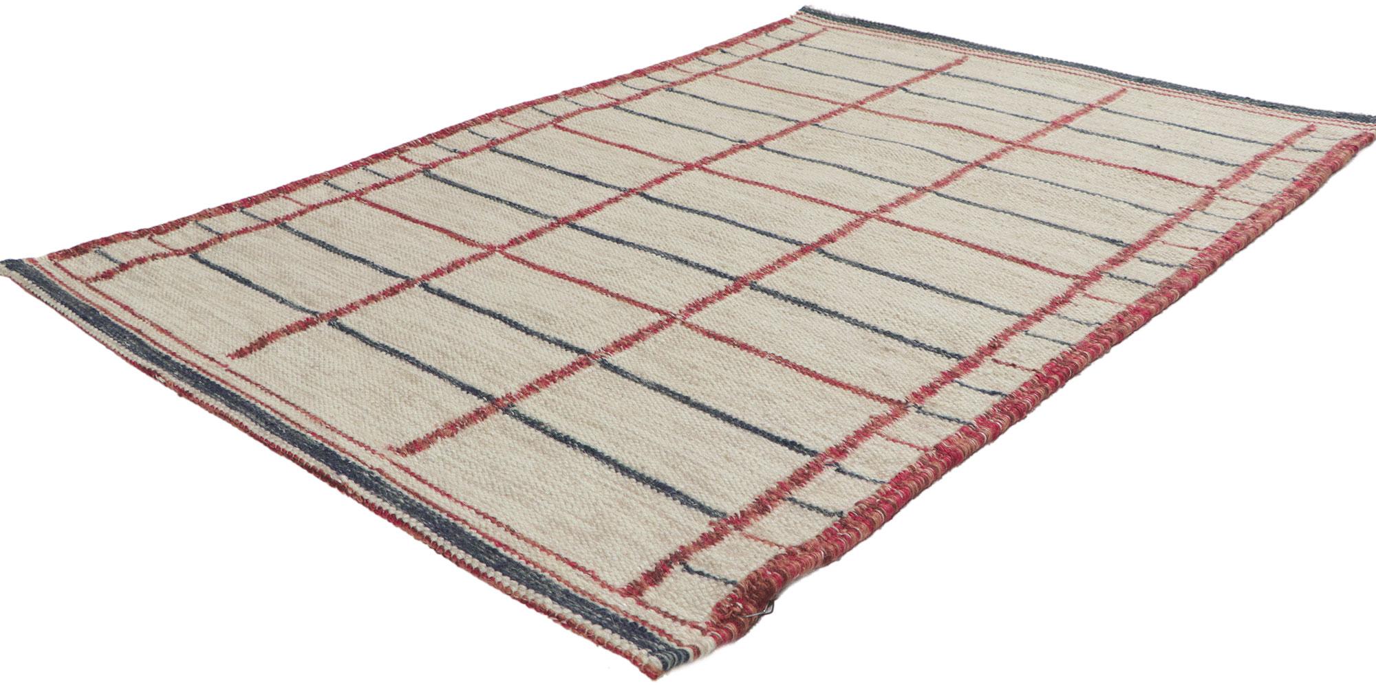 30807-30808 New matching pair of Swedish inspired Kilim rugs. With its simplicity and linear art form, this hand-woven wool Swedish inspired Kilim rug provides a feeling of cozy contentment without the clutter. The abrashed oatmeal colored field