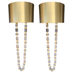 New Pair of Metal Gold and Handcut Glass Sconces with Metal Gold Chromed Shade