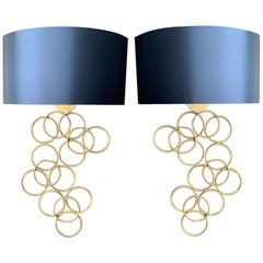 Pair of Metal Gold Sconces with Blue Silk Shade