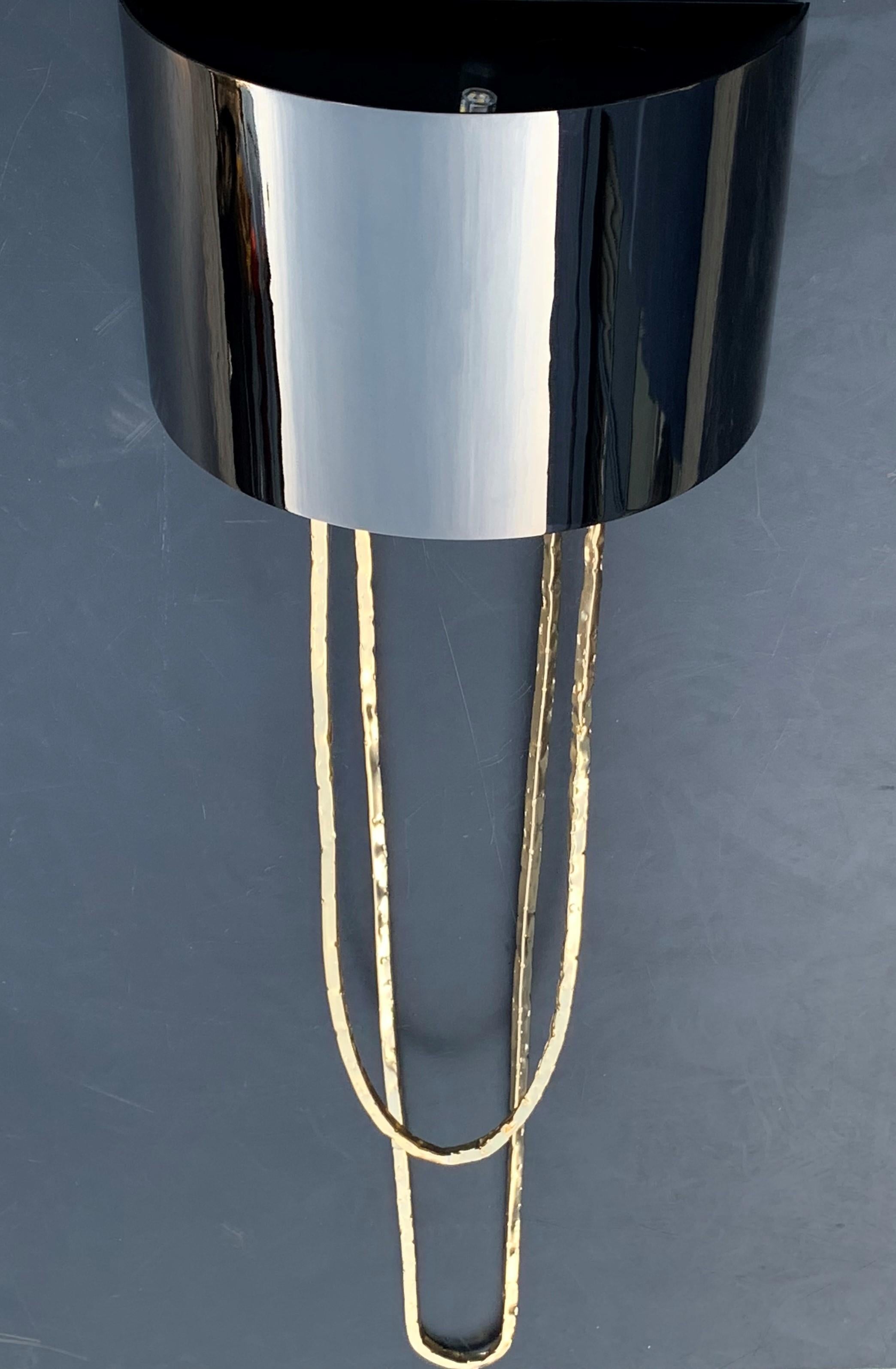 Modern Pair of Metal Gold Sconces with Metal Black Chromed Shade For Sale
