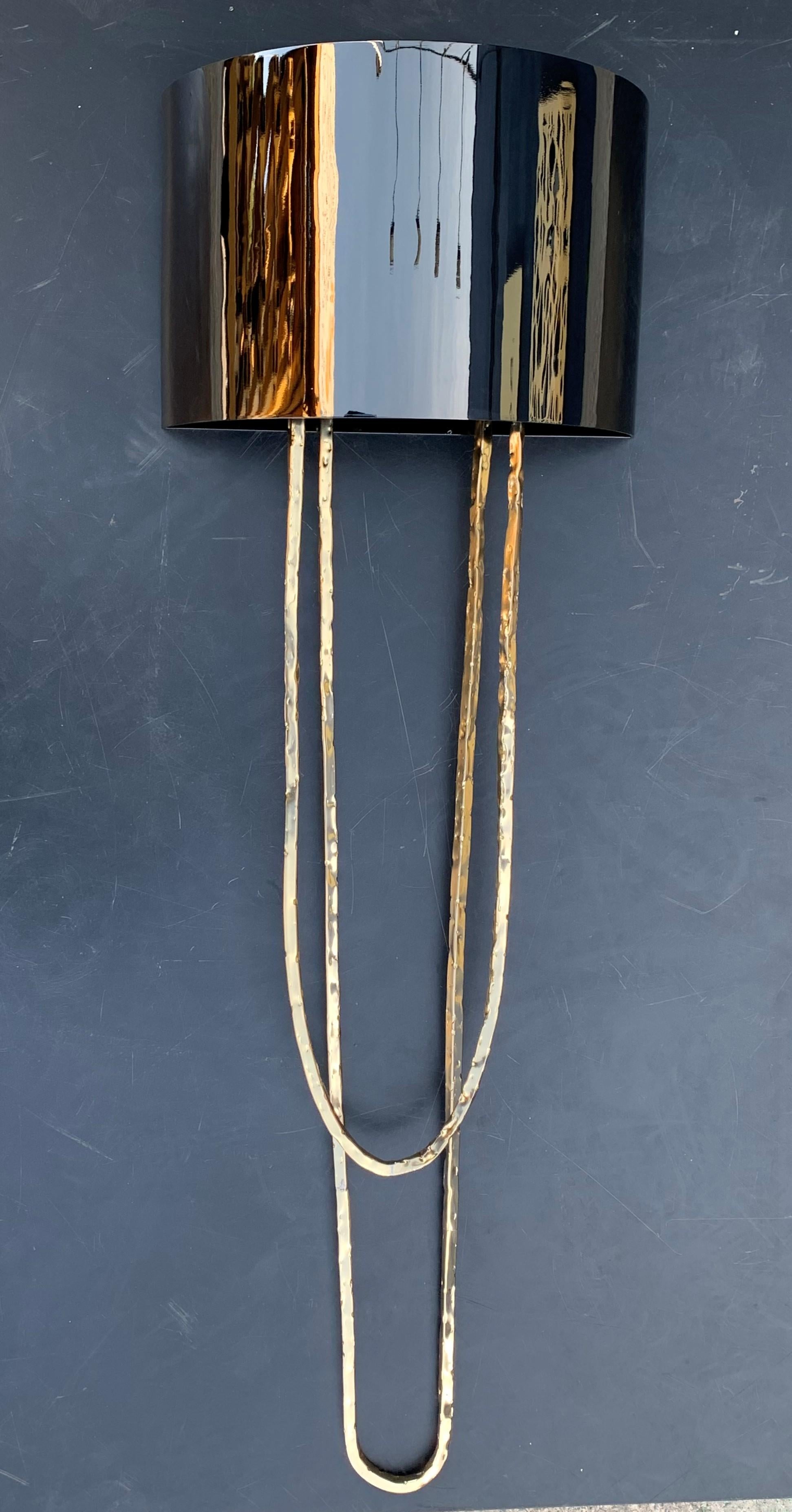 Pair of Metal Gold Sconces with Metal Black Chromed Shade For Sale 3
