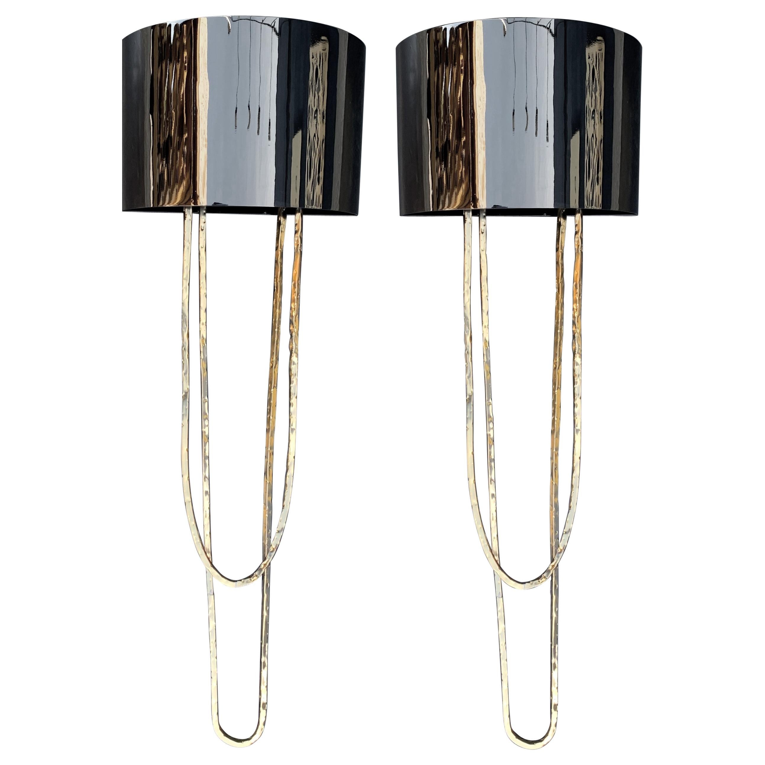 Pair of Metal Gold Sconces with Metal Black Chromed Shade For Sale