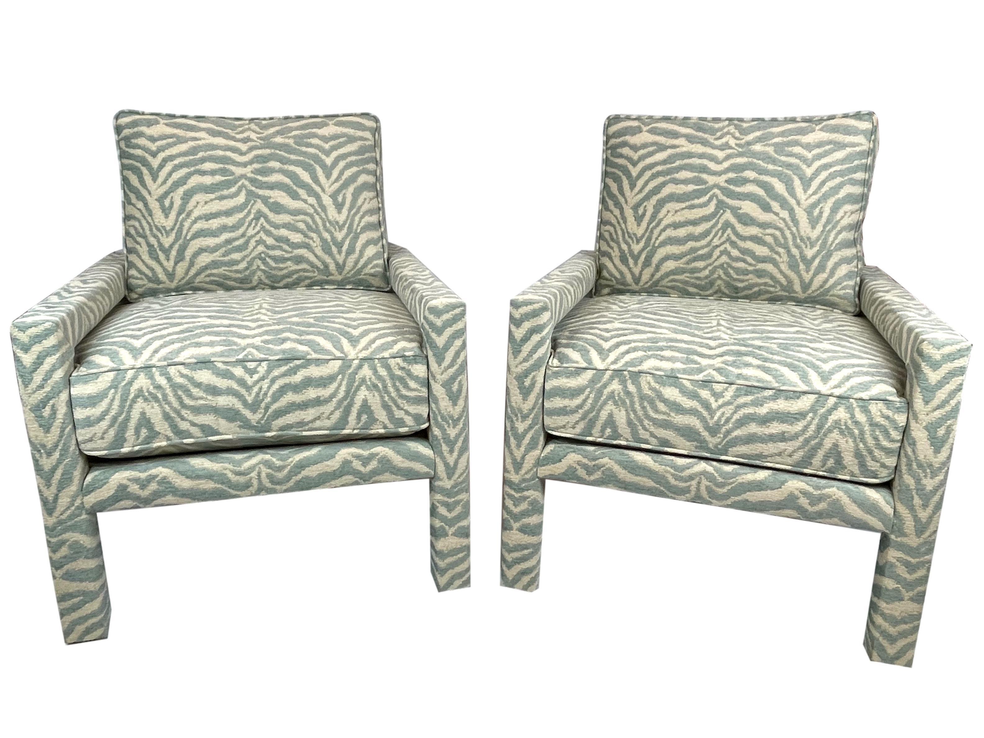 American New Pair of Milo Baughman Style Parsons Chairs in Designer Celadon Zebra Fabric For Sale