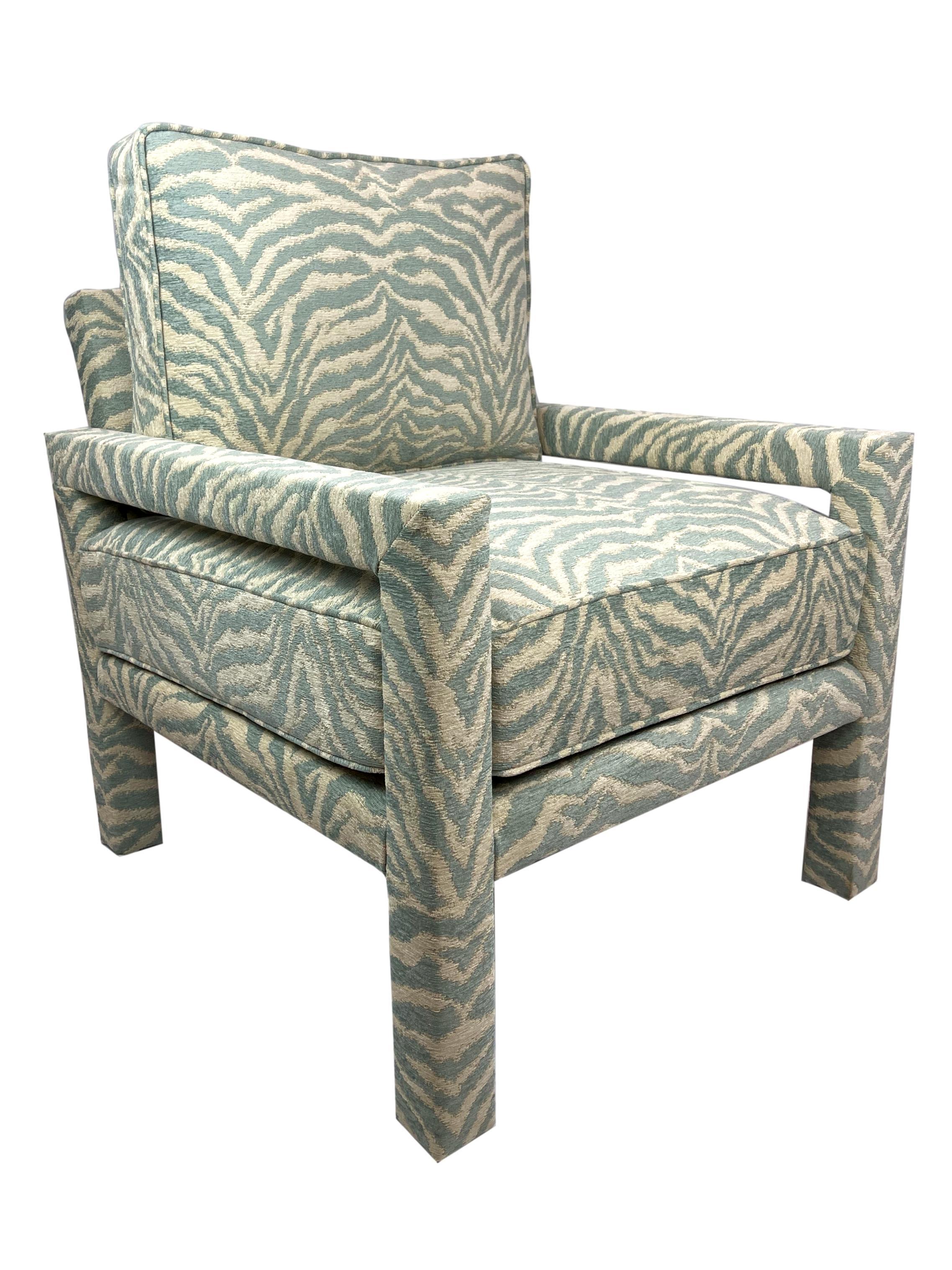 Hand-Crafted New Pair of Milo Baughman Style Parsons Chairs in Designer Celadon Zebra Fabric For Sale